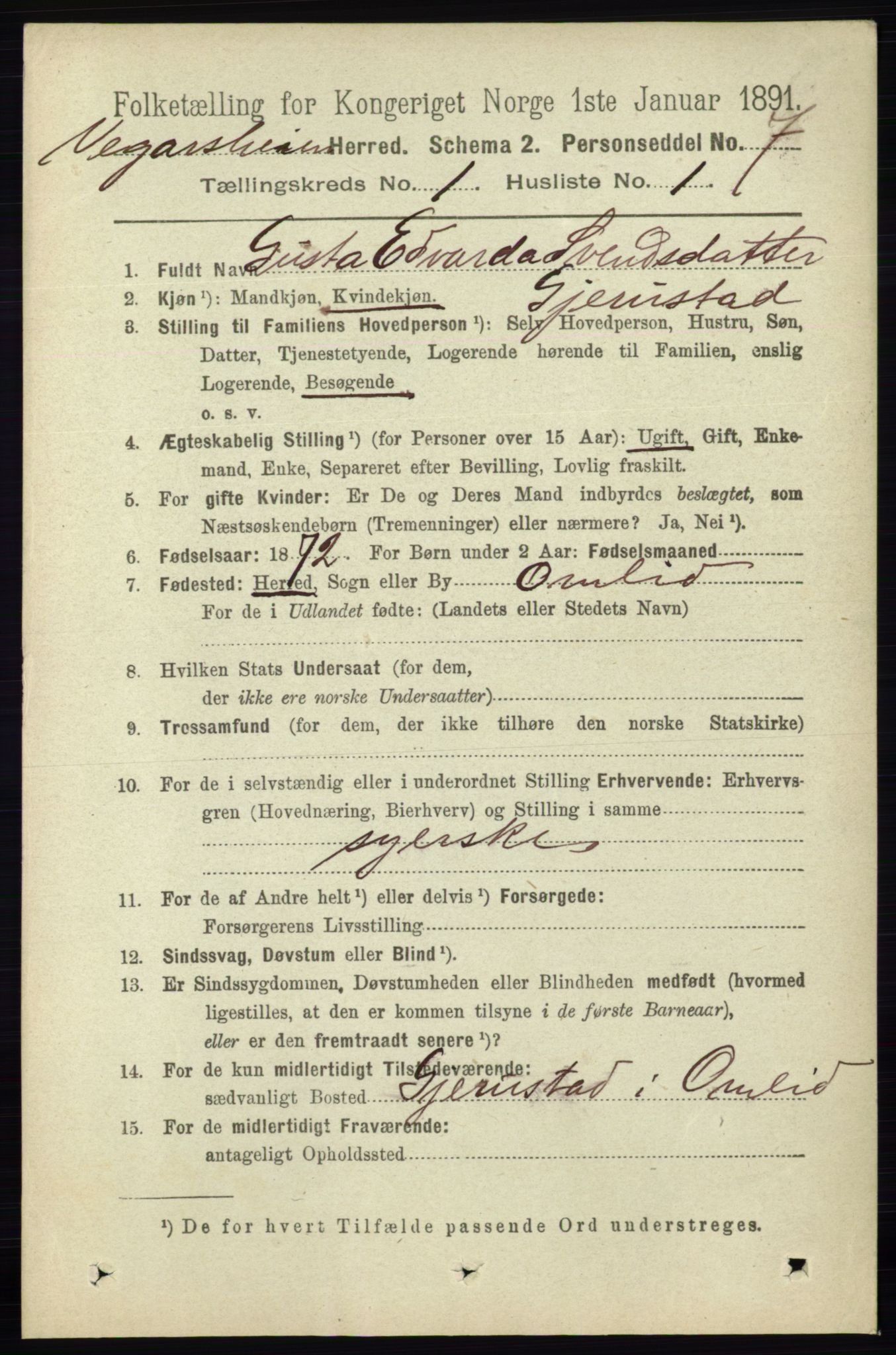 RA, 1891 census for 0912 Vegårshei, 1891, p. 72