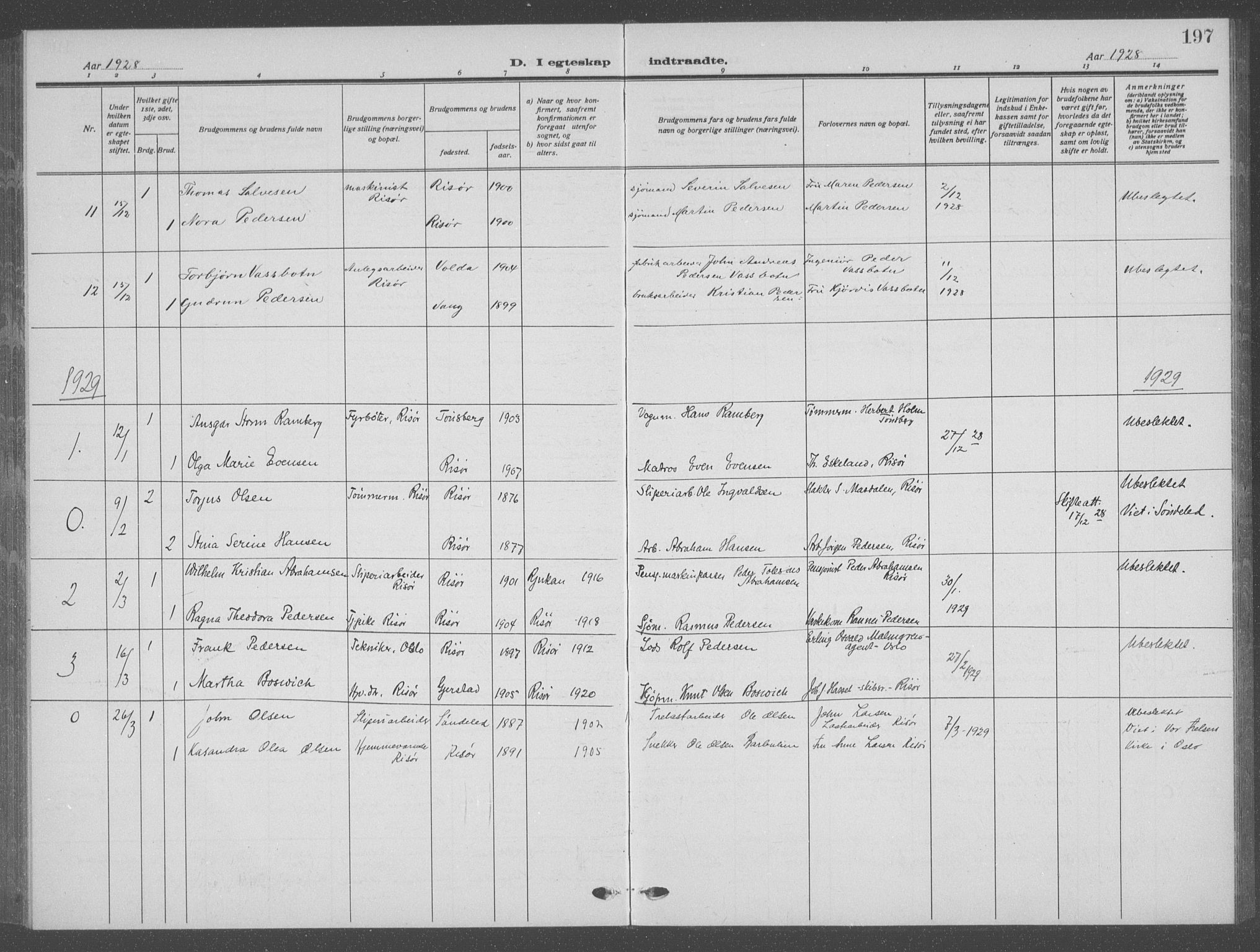 Risør sokneprestkontor, AV/SAK-1111-0035/F/Fb/L0009: Parish register (copy) no. B 9, 1922-1939, p. 197