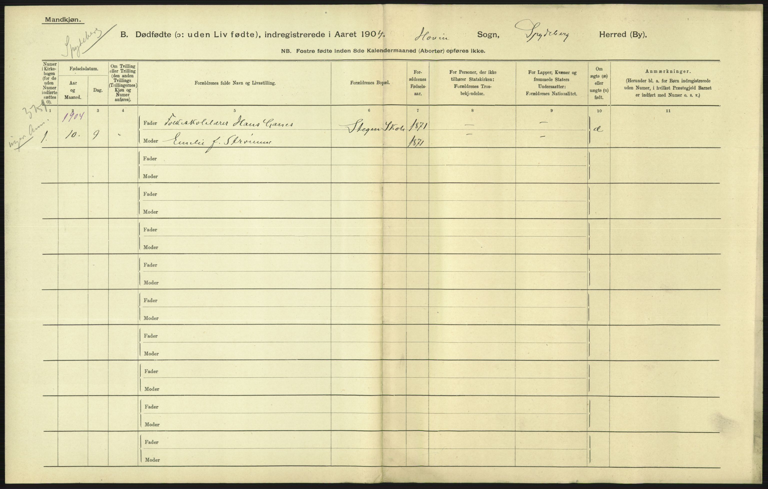 Statistisk sentralbyrå, Sosiodemografiske emner, Befolkning, AV/RA-S-2228/D/Df/Dfa/Dfab/L0025: Smålenenes amt - Stavanger amt: Dødfødte. Bygder., 1904, p. 7