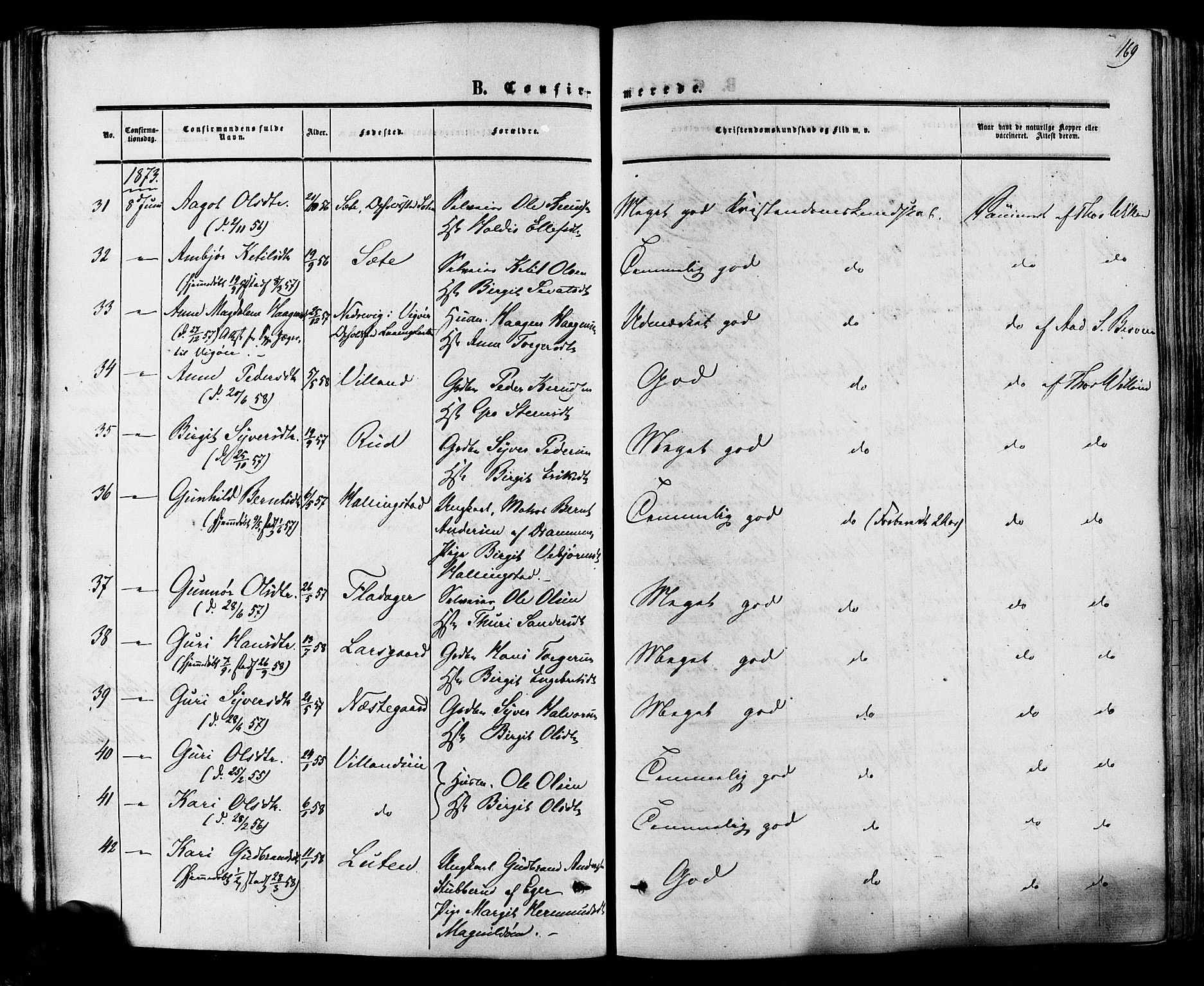 Hol kirkebøker, AV/SAKO-A-227/F/Fa/L0002: Parish register (official) no. I 2, 1870-1886, p. 169