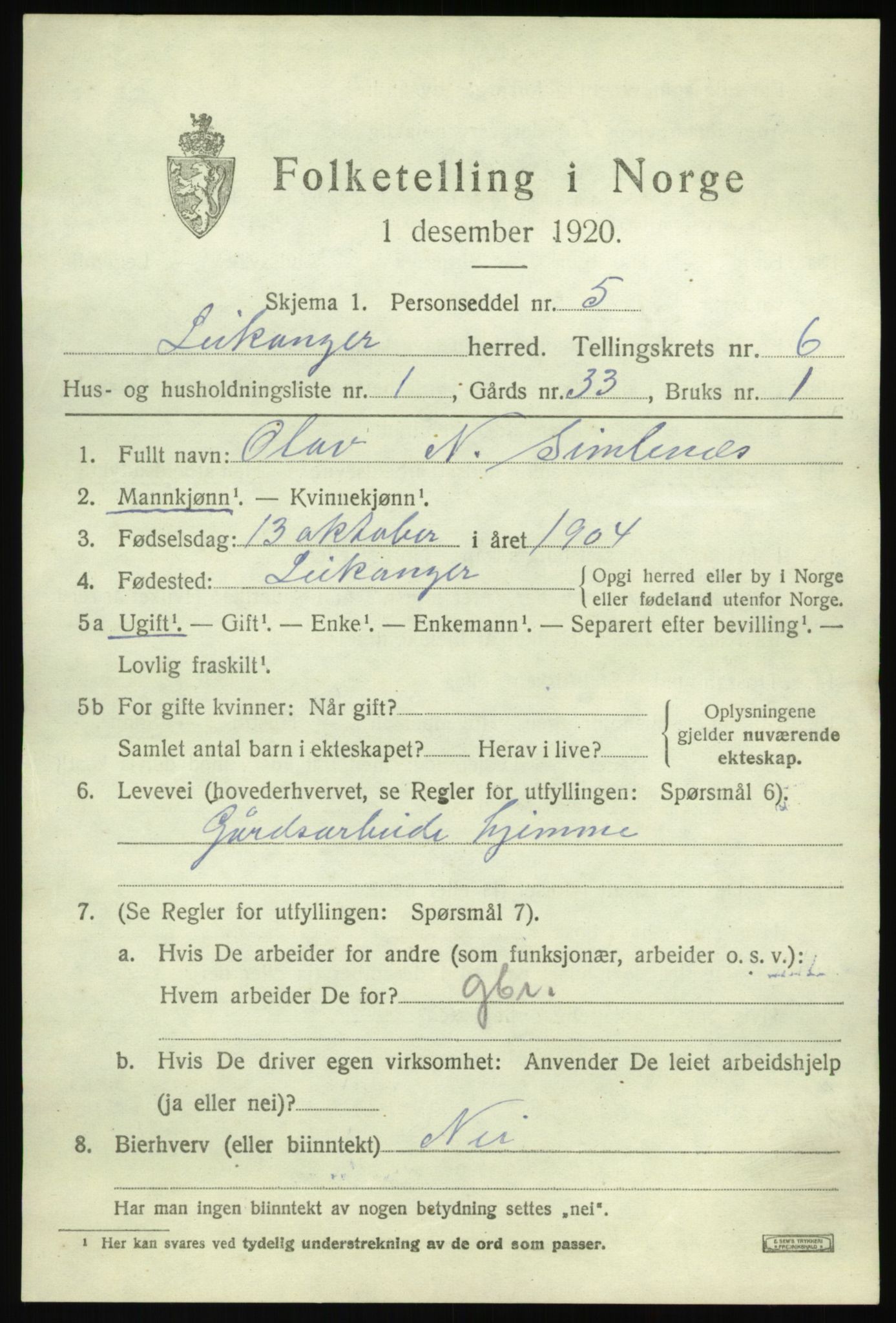 SAB, 1920 census for Leikanger, 1920, p. 3822