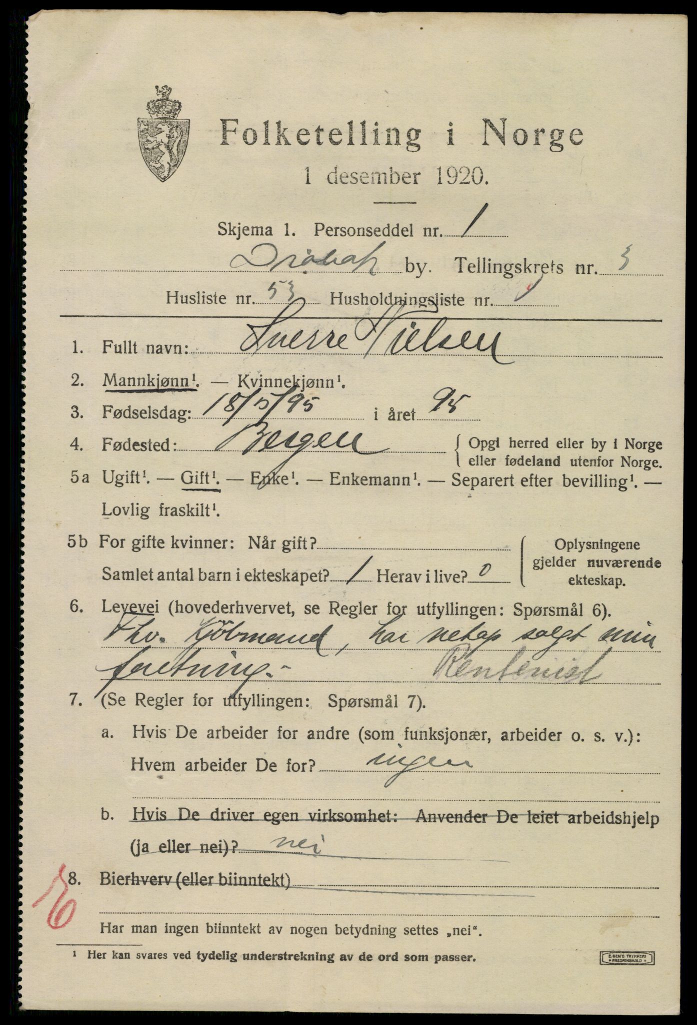 SAO, 1920 census for Drøbak, 1920, p. 4063