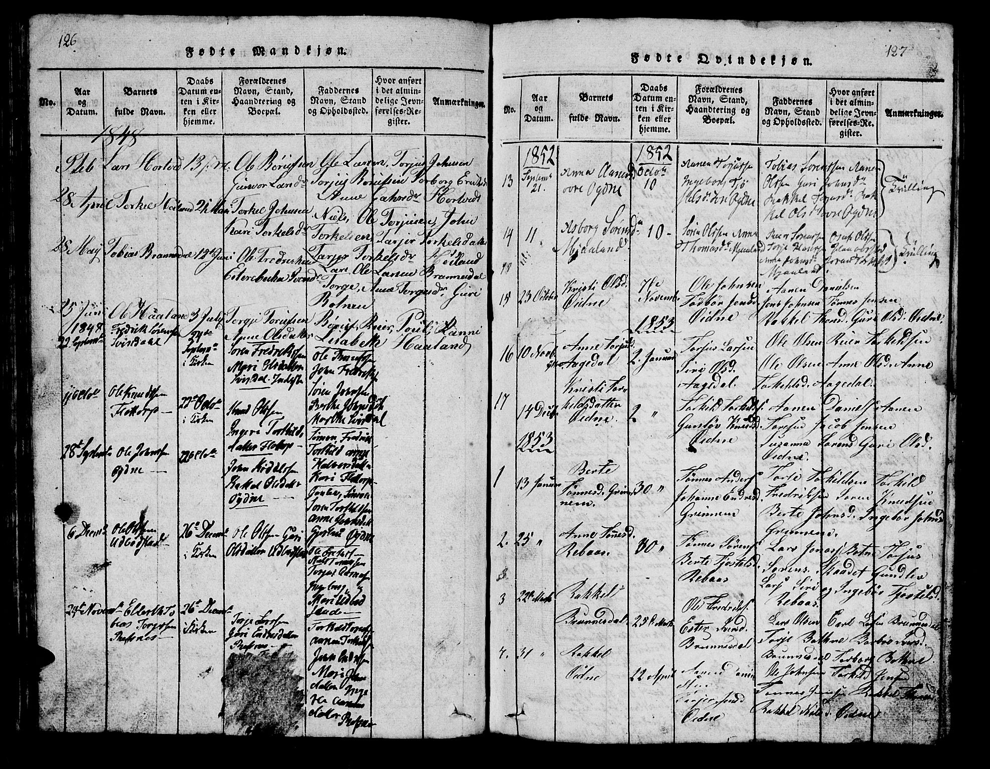 Bjelland sokneprestkontor, AV/SAK-1111-0005/F/Fb/Fbc/L0001: Parish register (copy) no. B 1, 1815-1870, p. 126-127