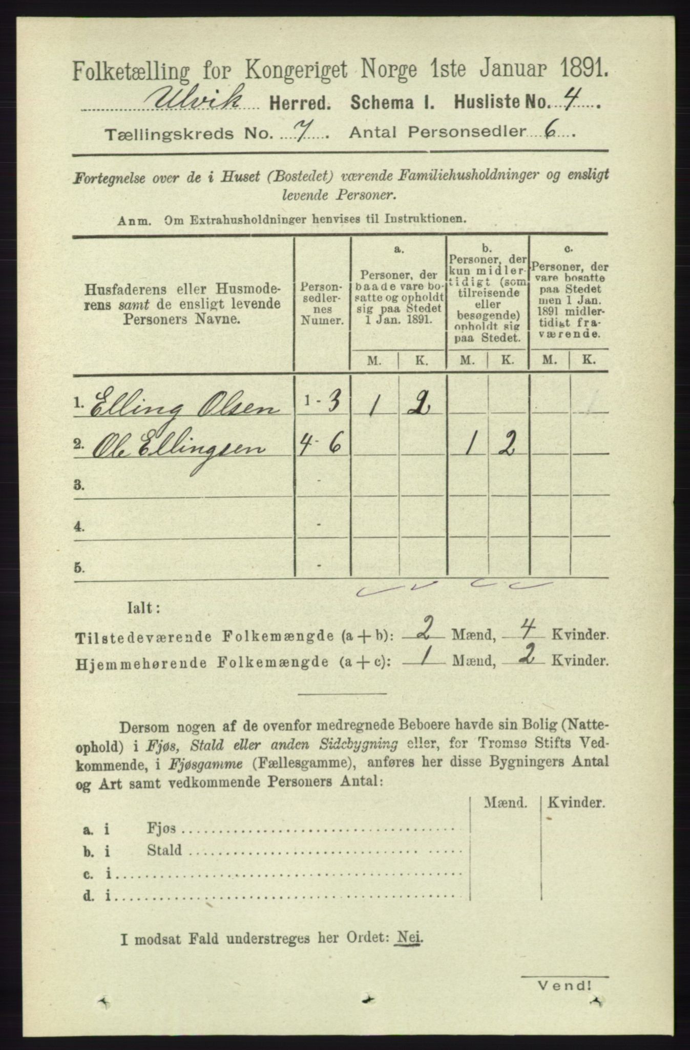 RA, 1891 census for 1233 Ulvik, 1891, p. 2228