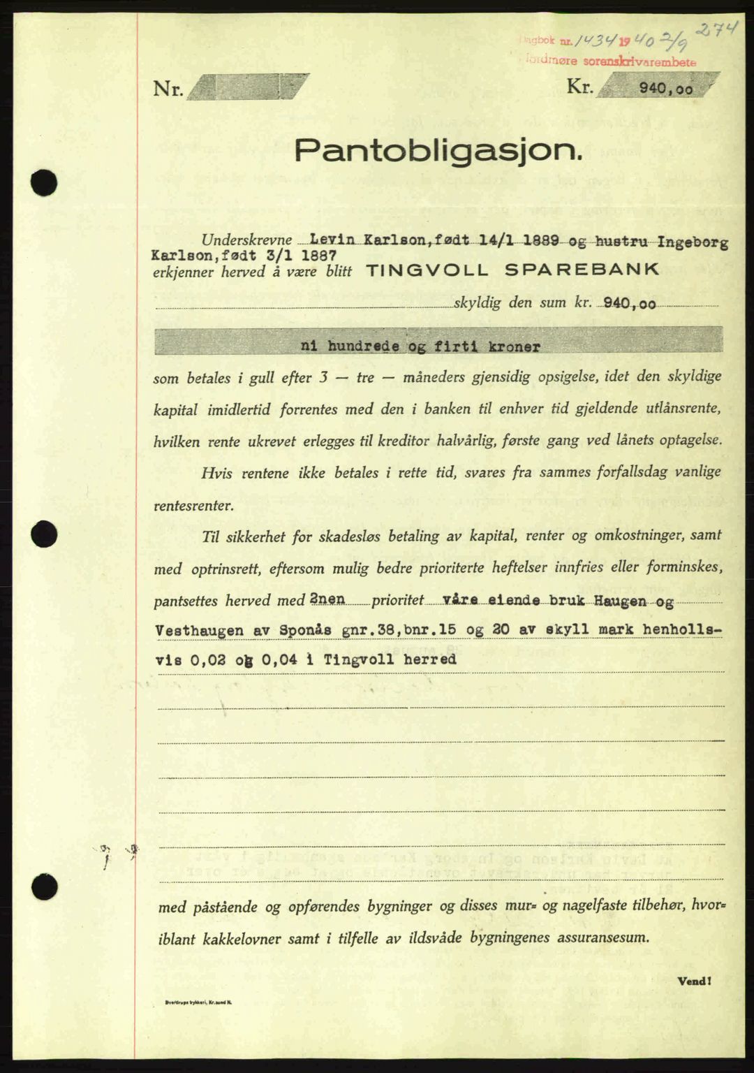 Nordmøre sorenskriveri, AV/SAT-A-4132/1/2/2Ca: Mortgage book no. B87, 1940-1941, Diary no: : 1434/1940