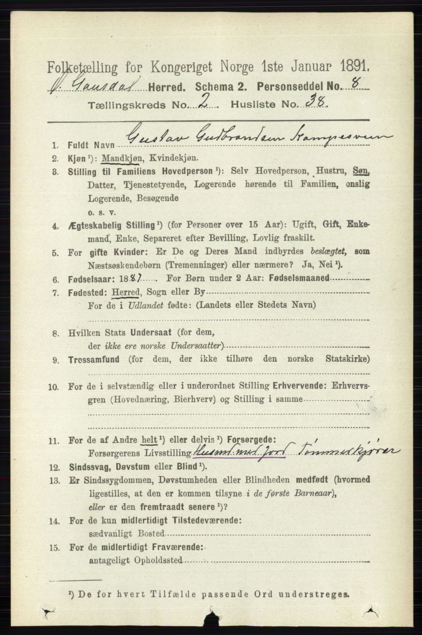 RA, 1891 census for 0522 Østre Gausdal, 1891, p. 1463