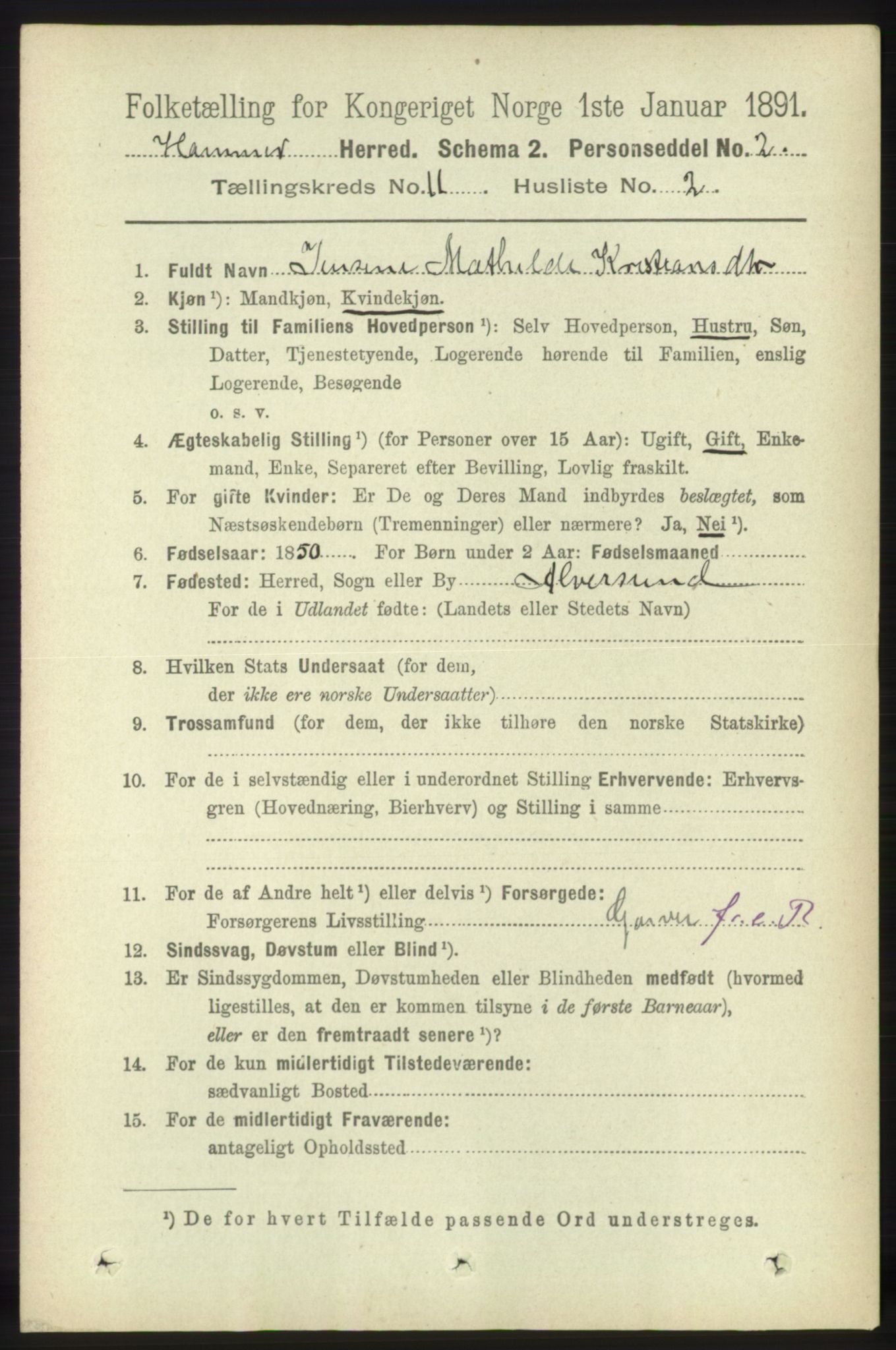 RA, 1891 census for 1254 Hamre, 1891, p. 3150