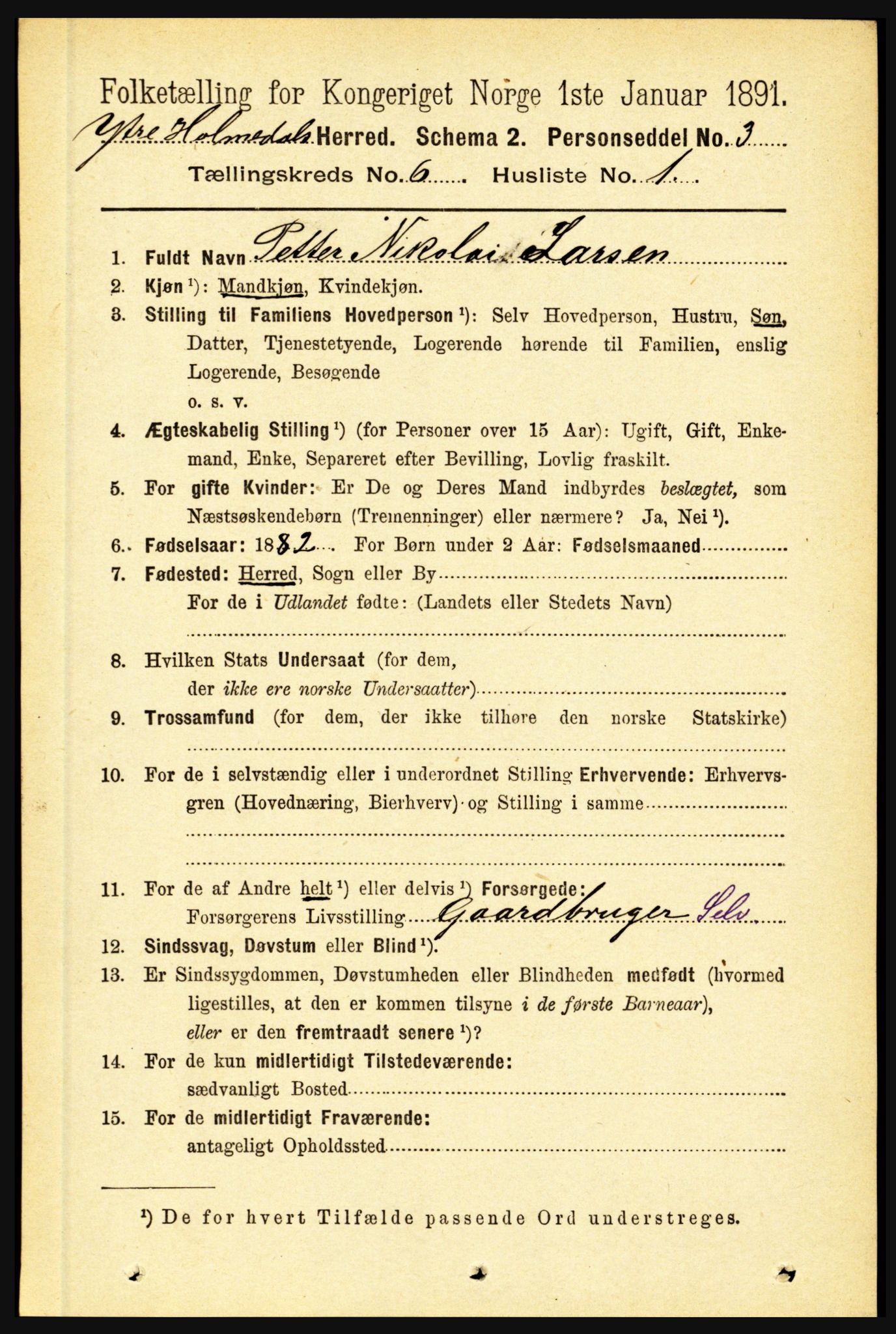 RA, 1891 census for 1429 Ytre Holmedal, 1891, p. 1334