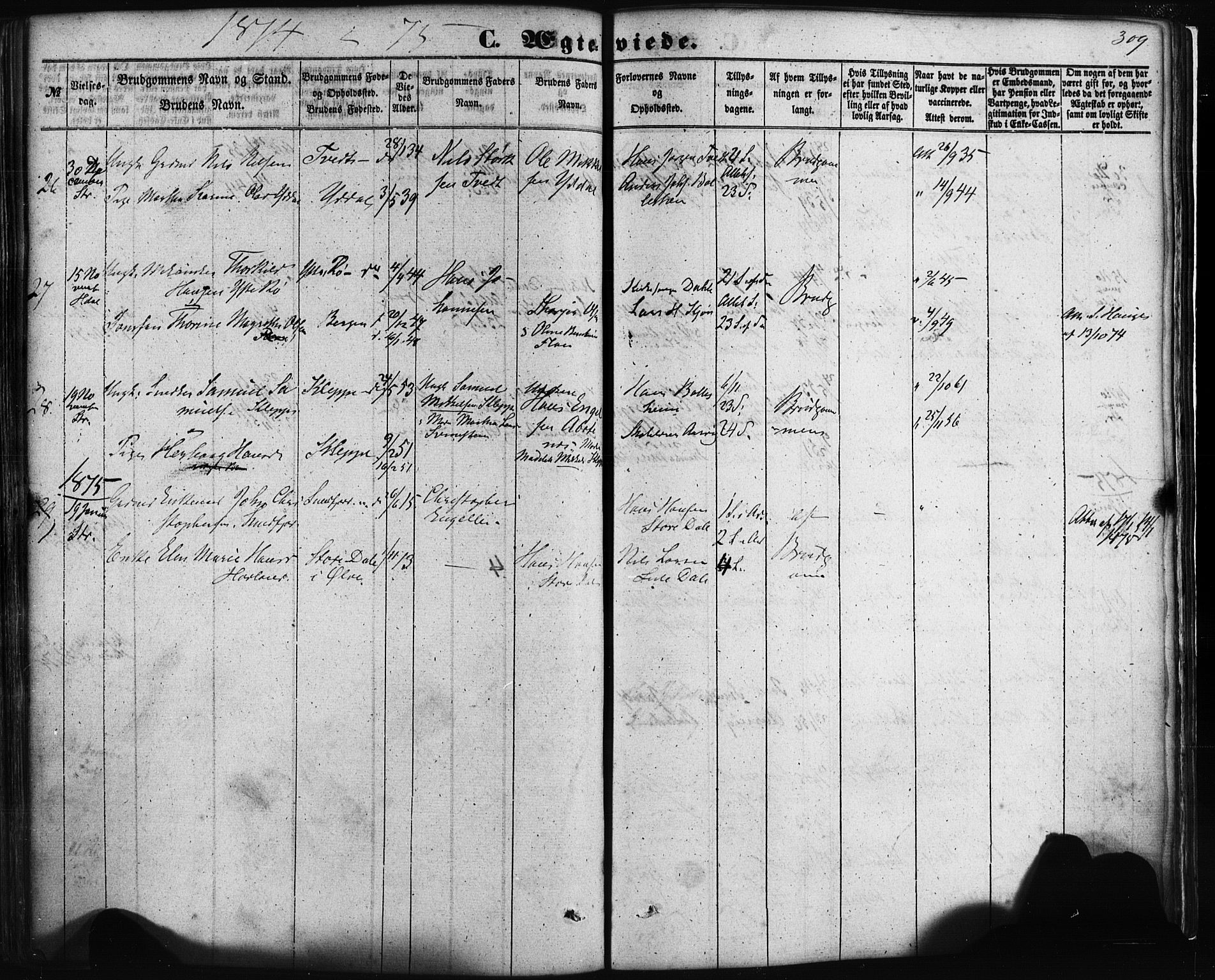 Fusa sokneprestembete, SAB/A-75401/H/Haa: Parish register (official) no. A 1I, 1855-1879, p. 309