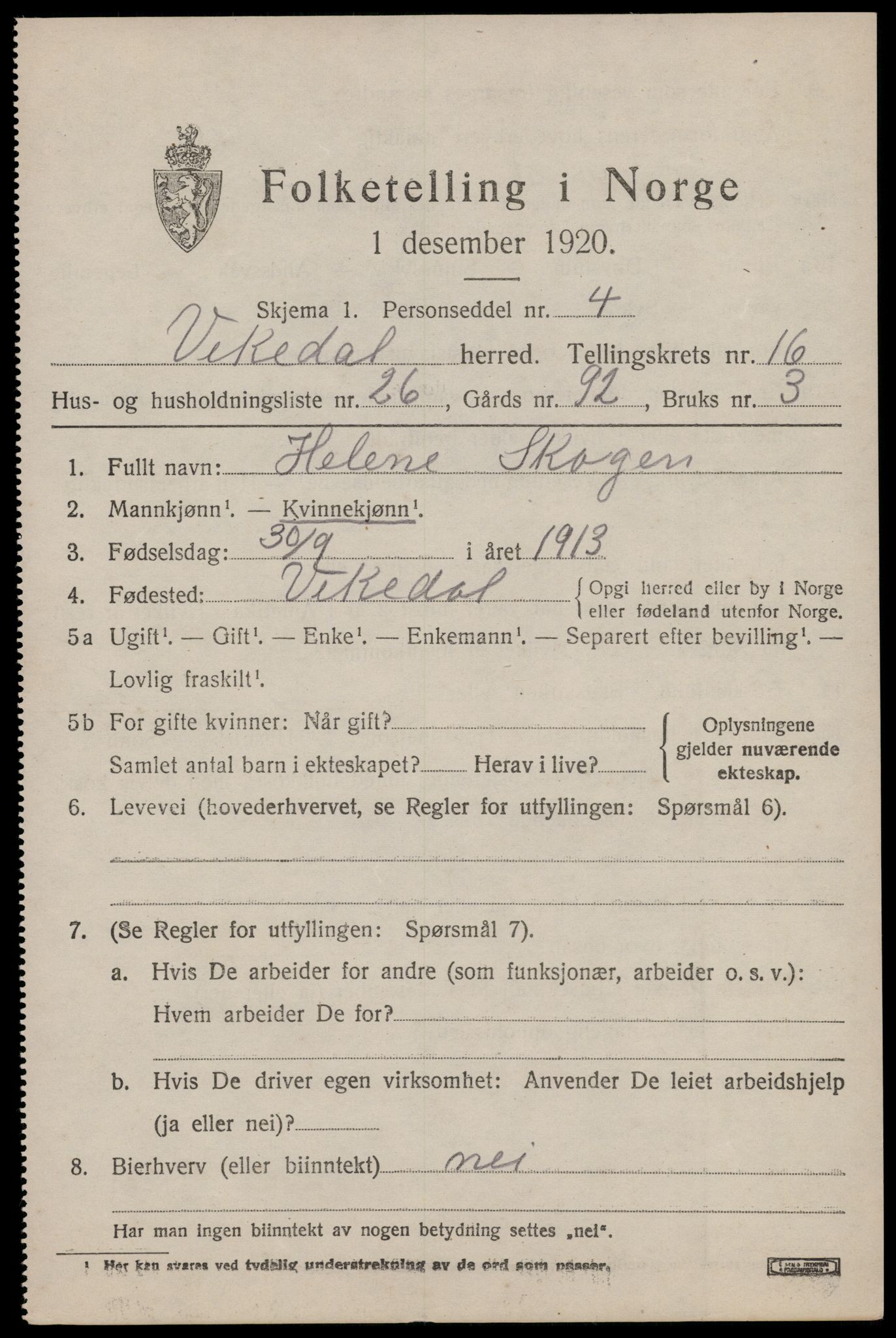 SAST, 1920 census for Vikedal, 1920, p. 4999