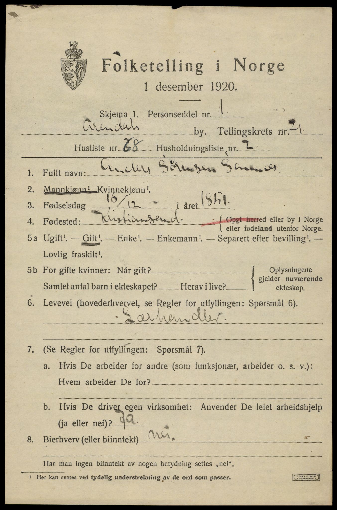 SAK, 1920 census for Arendal, 1920, p. 28120