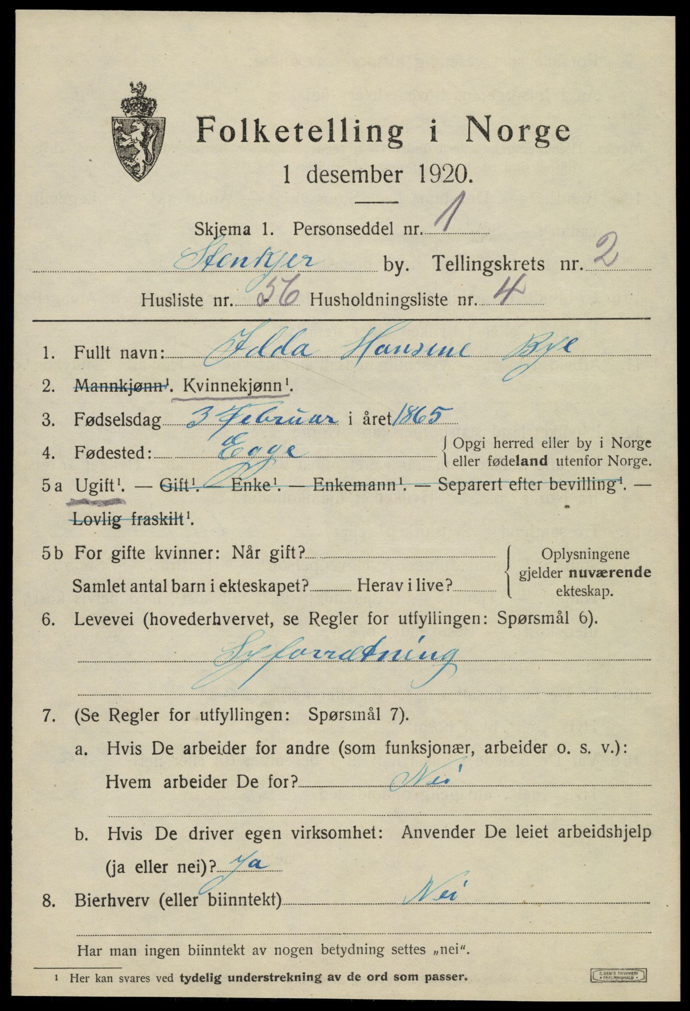 SAT, 1920 census for Steinkjer, 1920, p. 5326