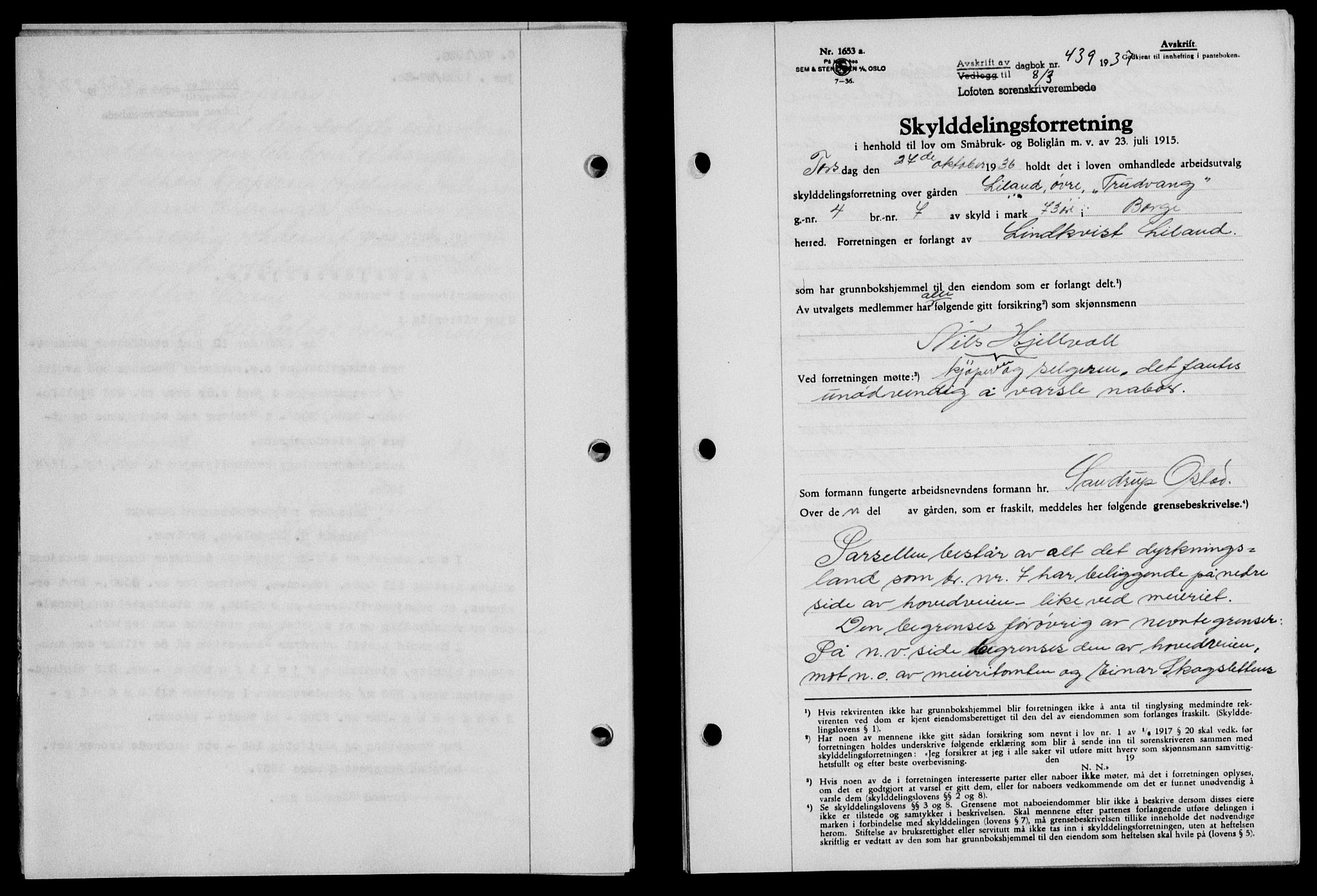 Lofoten sorenskriveri, SAT/A-0017/1/2/2C/L0002a: Mortgage book no. 2a, 1937-1937, Diary no: : 439/1937