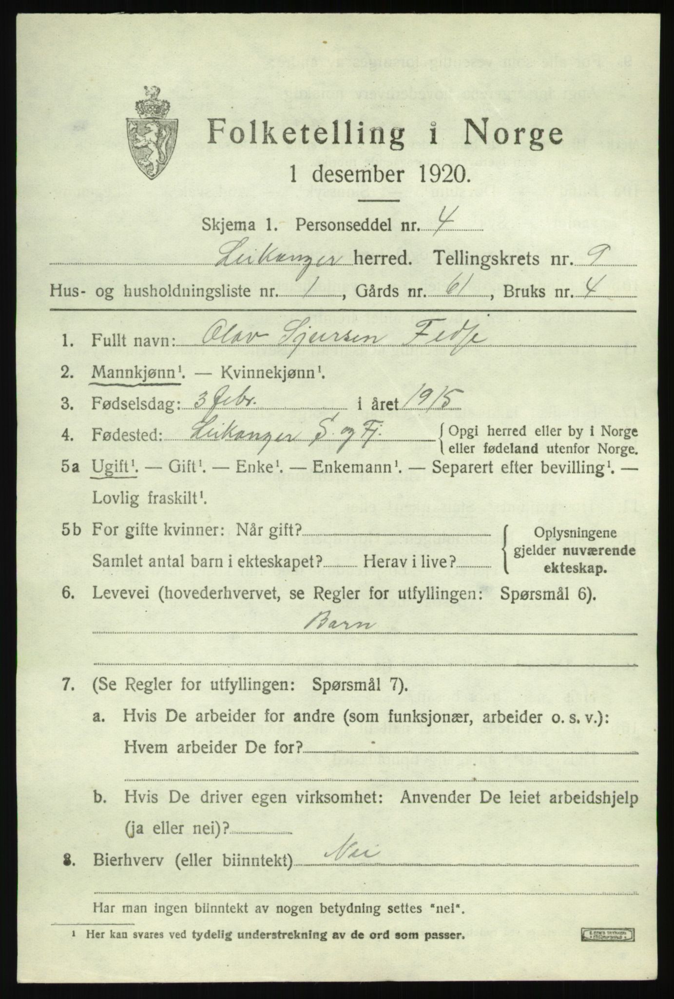 SAB, 1920 census for Leikanger, 1920, p. 5514