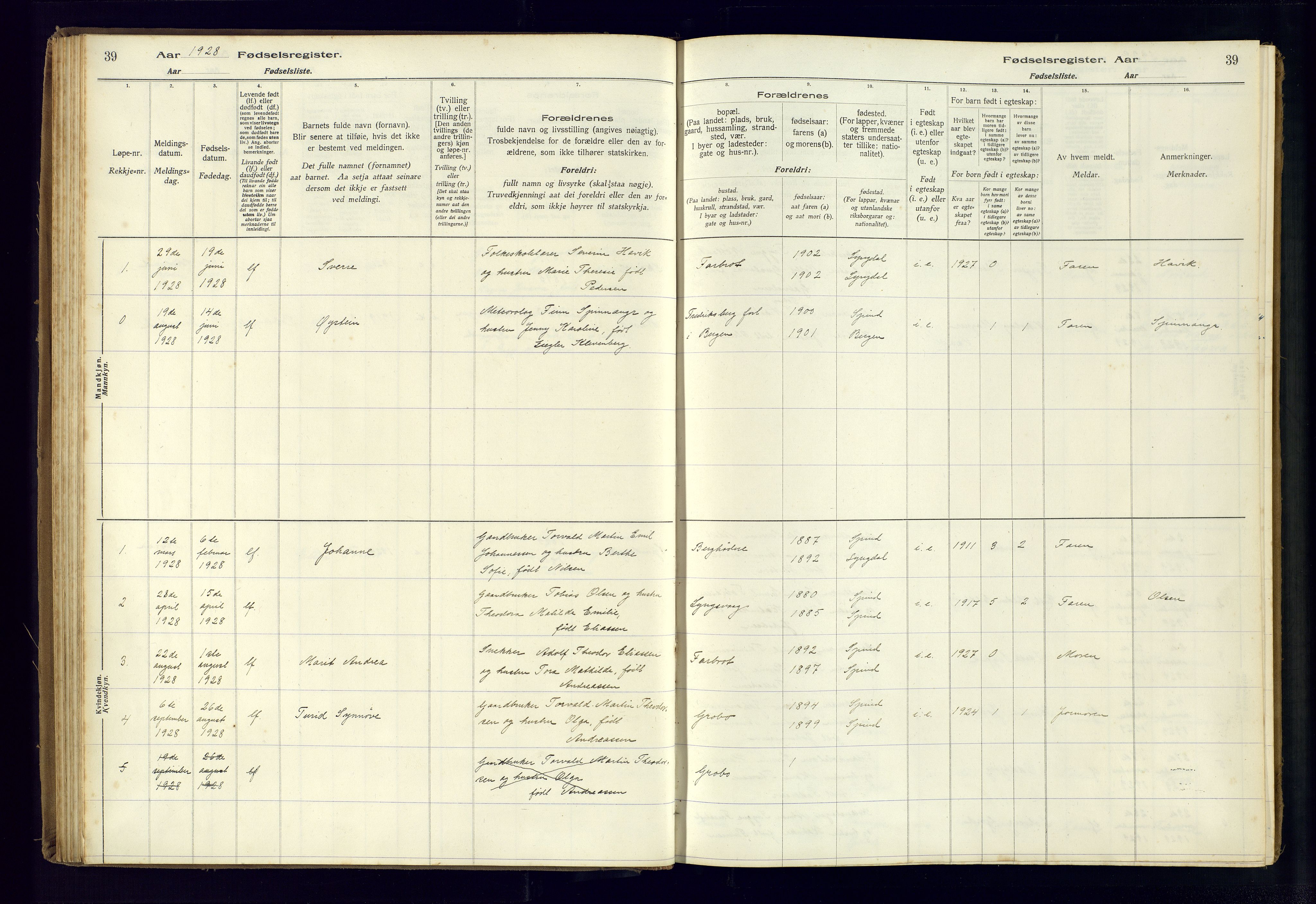 Farsund sokneprestkontor, SAK/1111-0009/J/Ja/L0004: Birth register no. A-VI-11, 1916-1982, p. 39