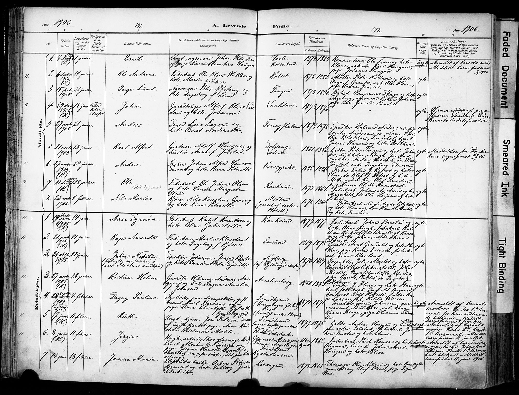 Ministerialprotokoller, klokkerbøker og fødselsregistre - Sør-Trøndelag, AV/SAT-A-1456/606/L0301: Parish register (official) no. 606A16, 1894-1907, p. 191-192