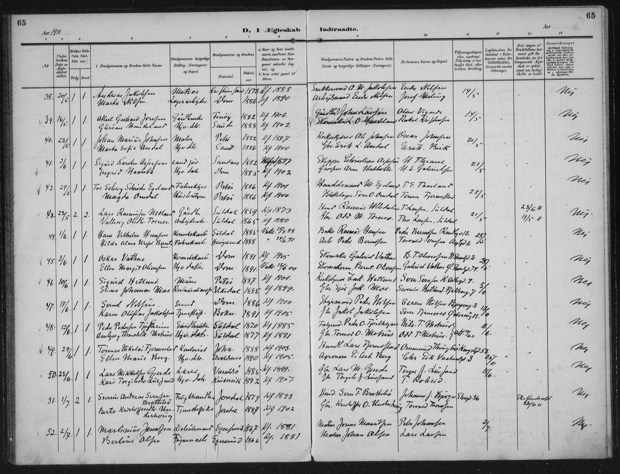 Domkirken sokneprestkontor, SAST/A-101812/002/A/L0016: Parish register (official) no. A 33, 1905-1922, p. 65