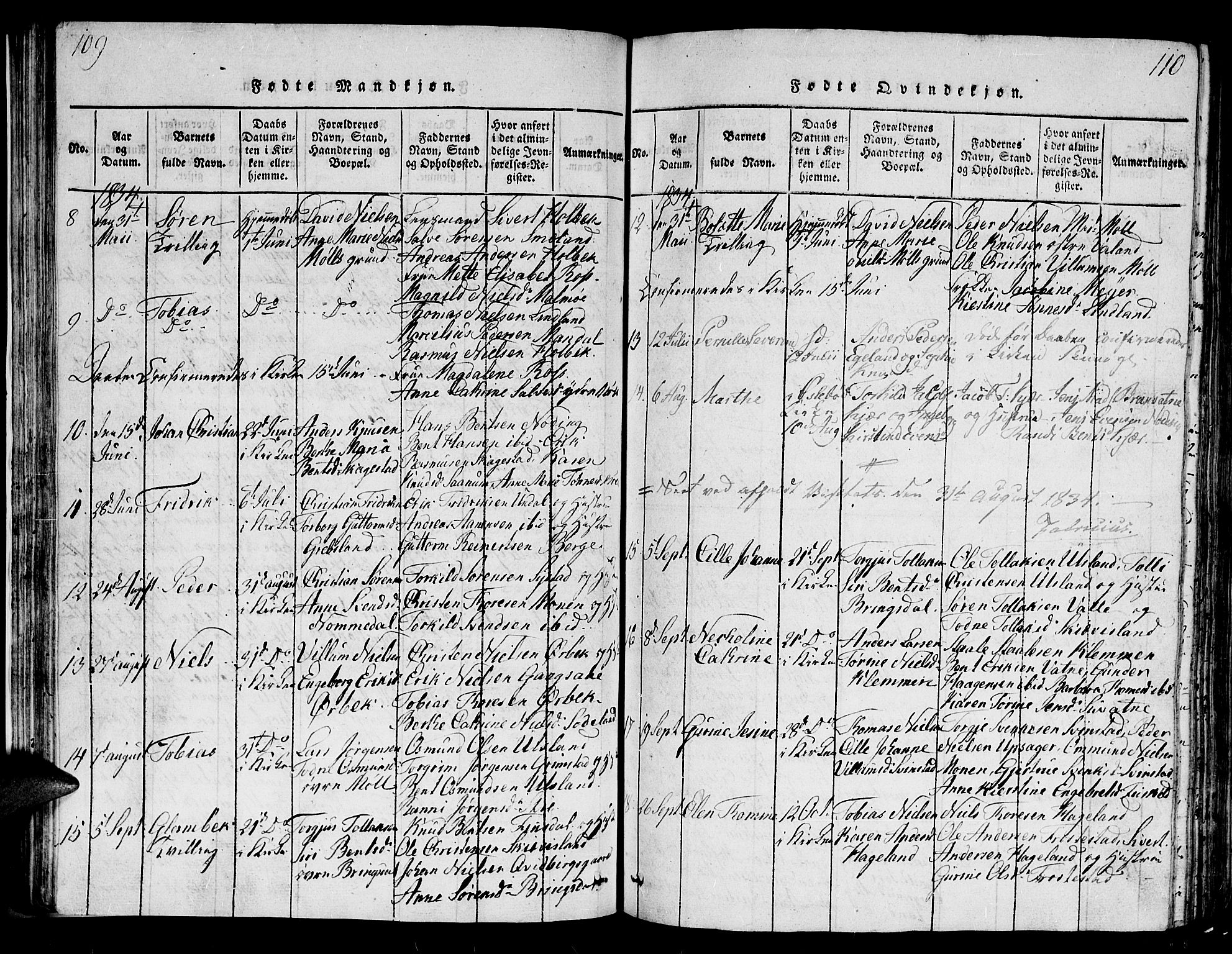 Holum sokneprestkontor, SAK/1111-0022/F/Fb/Fba/L0002: Parish register (copy) no. B 2, 1820-1849, p. 109-110