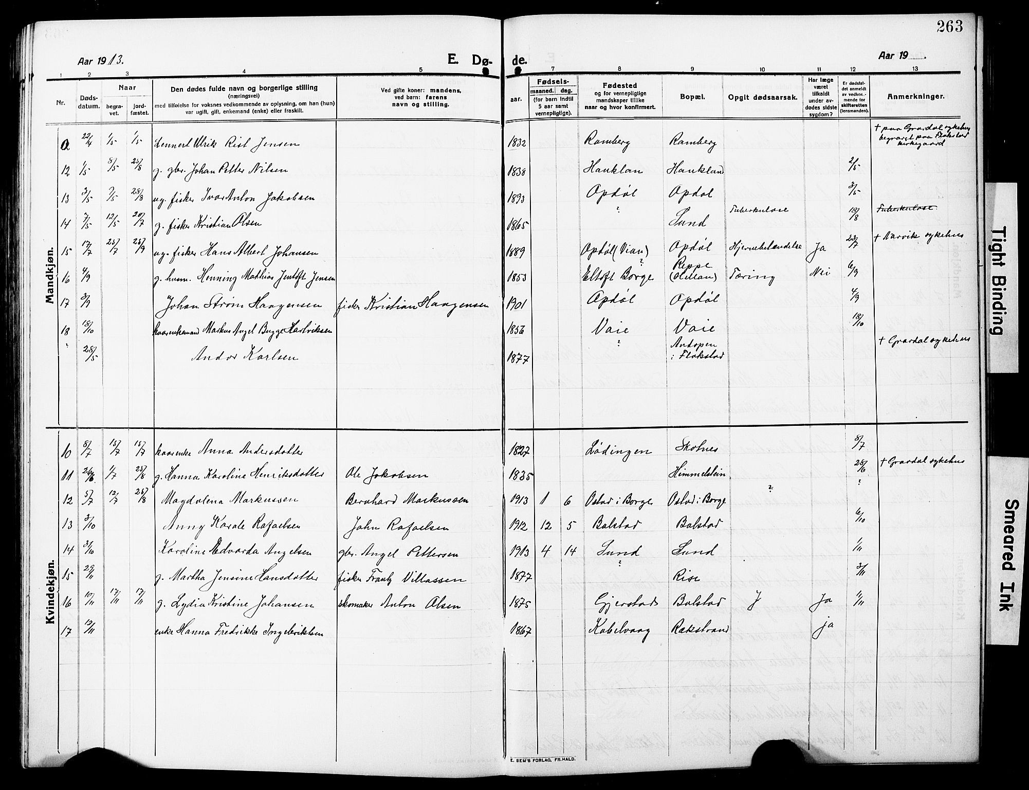 Ministerialprotokoller, klokkerbøker og fødselsregistre - Nordland, AV/SAT-A-1459/881/L1169: Parish register (copy) no. 881C06, 1912-1930, p. 263