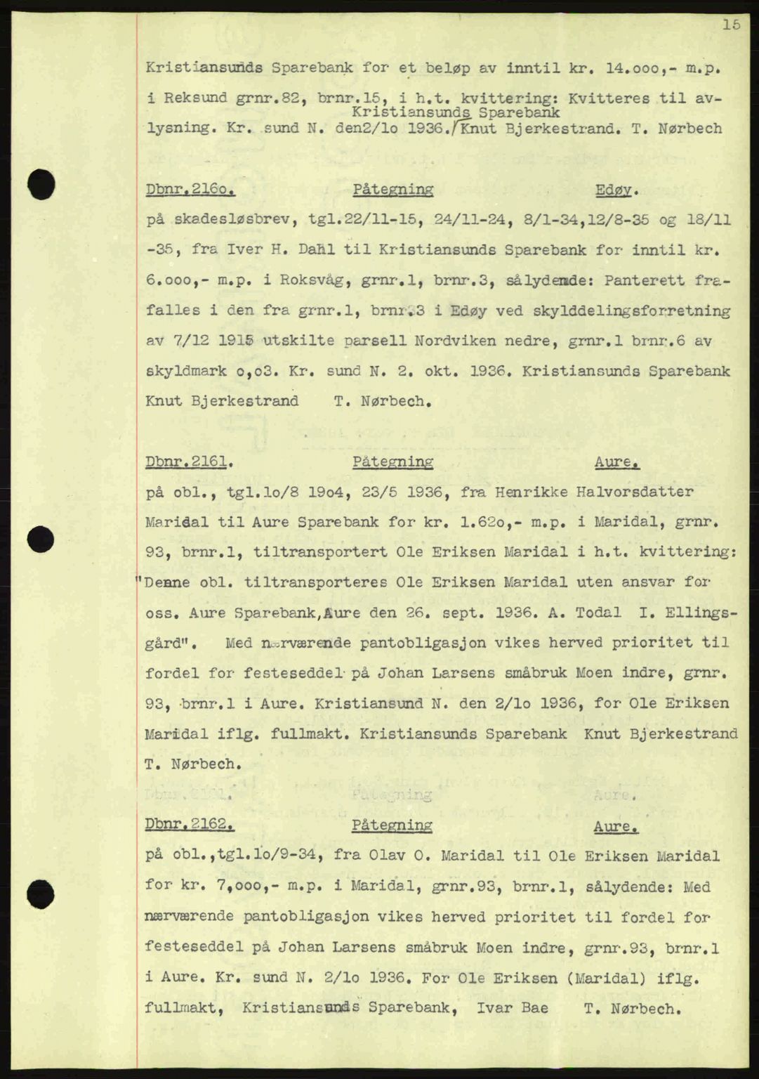 Nordmøre sorenskriveri, AV/SAT-A-4132/1/2/2Ca: Mortgage book no. C80, 1936-1939, Diary no: : 2160/1936