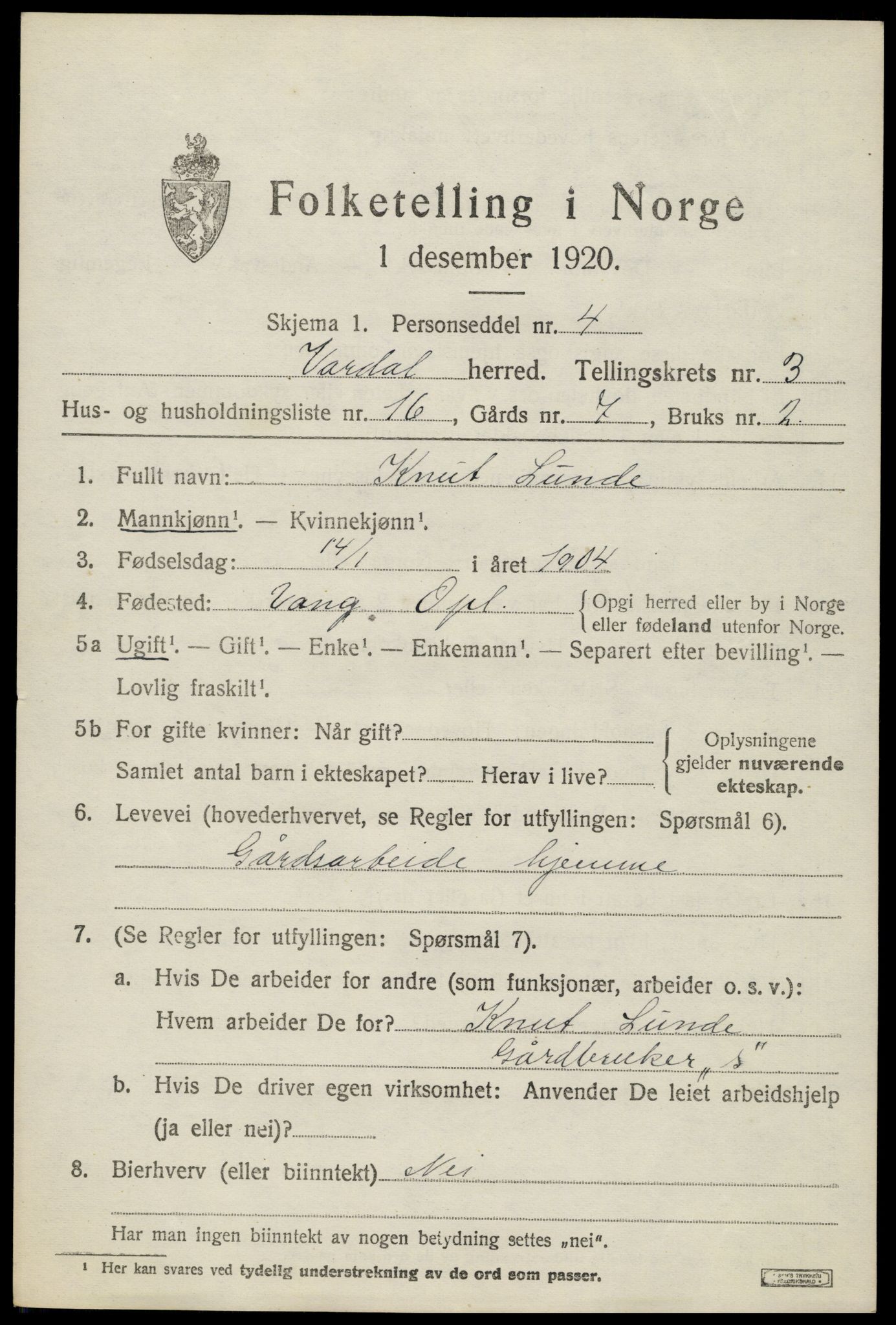 SAH, 1920 census for Vardal, 1920, p. 2847