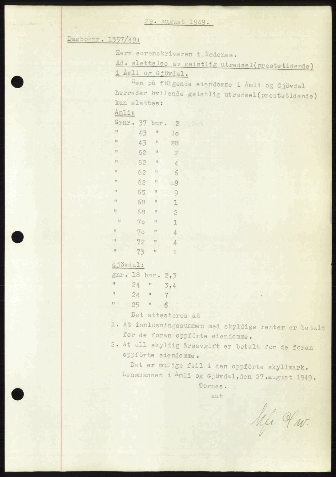 Nedenes sorenskriveri, AV/SAK-1221-0006/G/Gb/Gba/L0061: Mortgage book no. A13, 1949-1949, Diary no: : 1357/1949