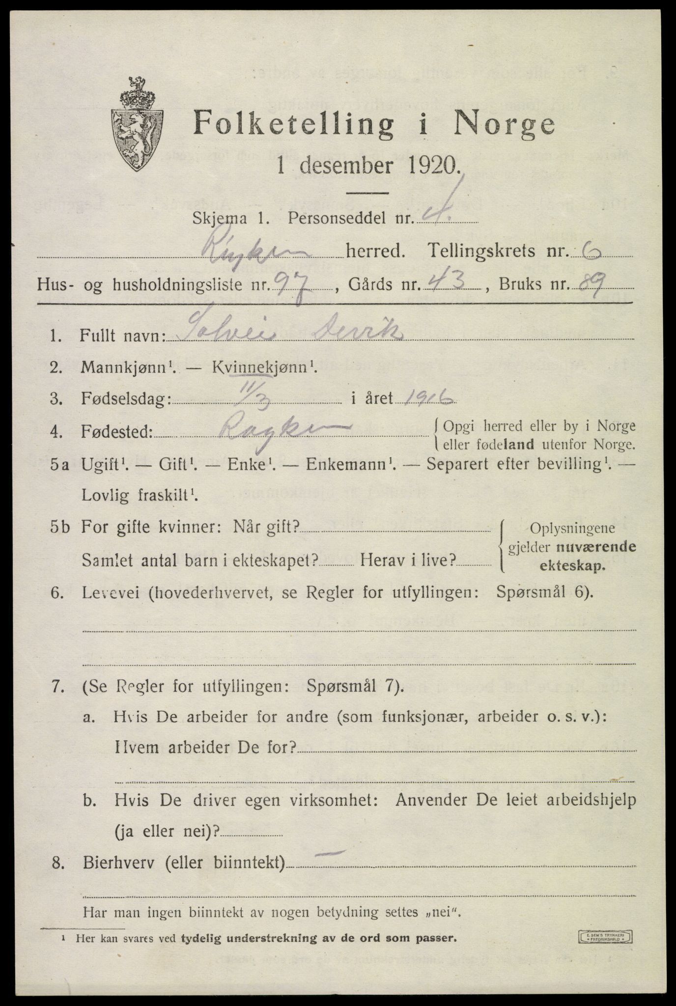 SAKO, 1920 census for Røyken, 1920, p. 10916