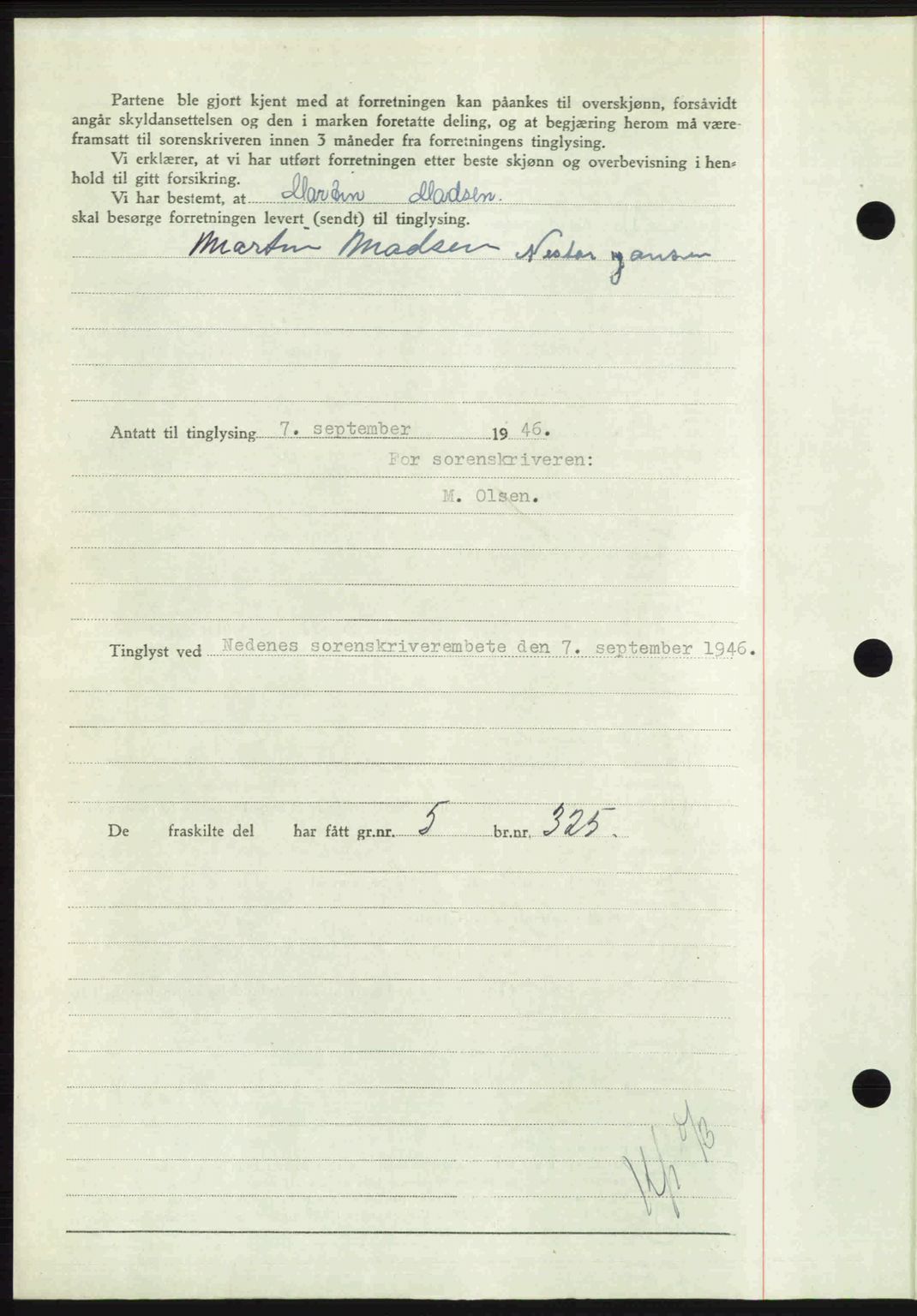Nedenes sorenskriveri, AV/SAK-1221-0006/G/Gb/Gba/L0056: Mortgage book no. A8, 1946-1947, Diary no: : 1077/1946