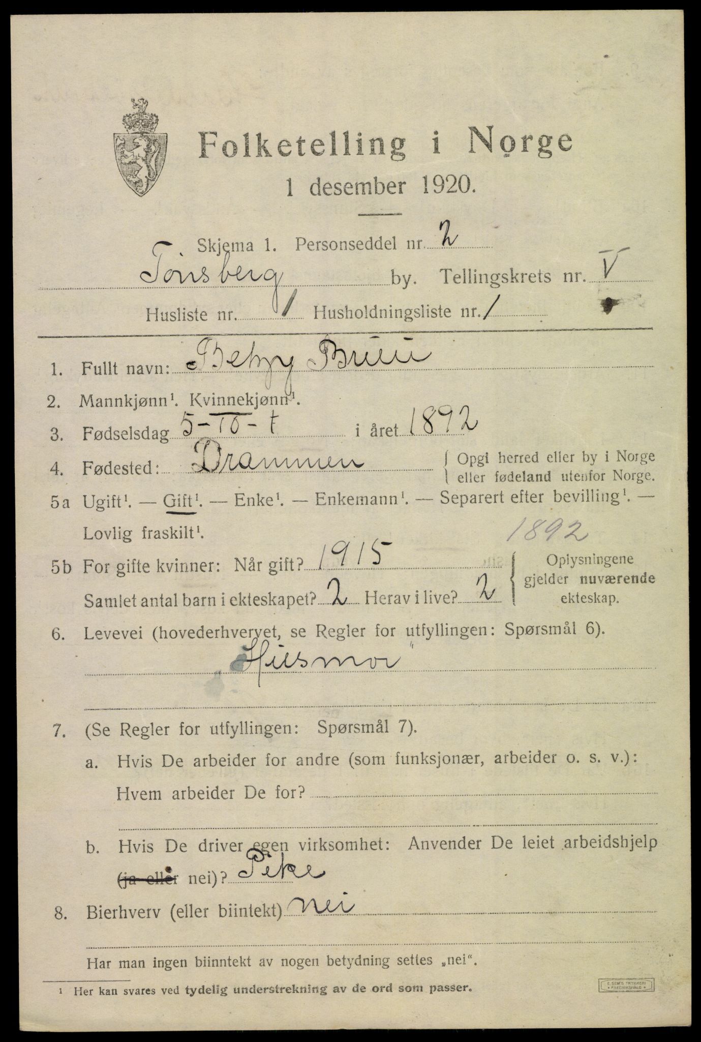 SAKO, 1920 census for Tønsberg, 1920, p. 13133