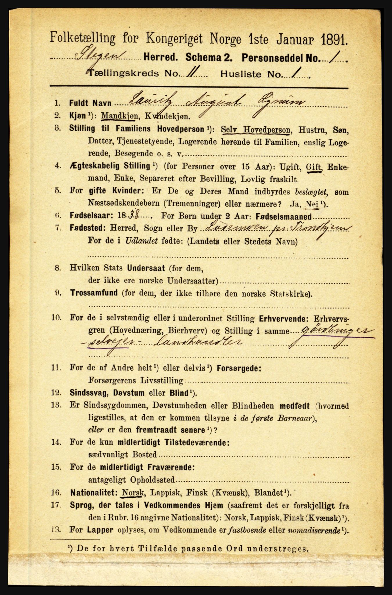 RA, 1891 census for 1848 Steigen, 1891, p. 3783