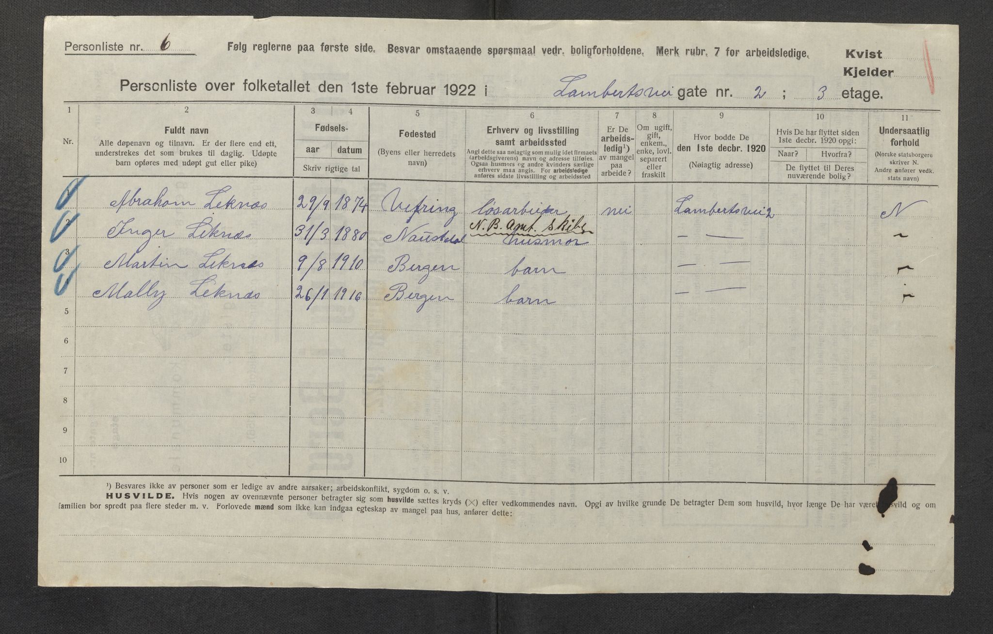 SAB, Municipal Census 1922 for Bergen, 1922, p. 22173