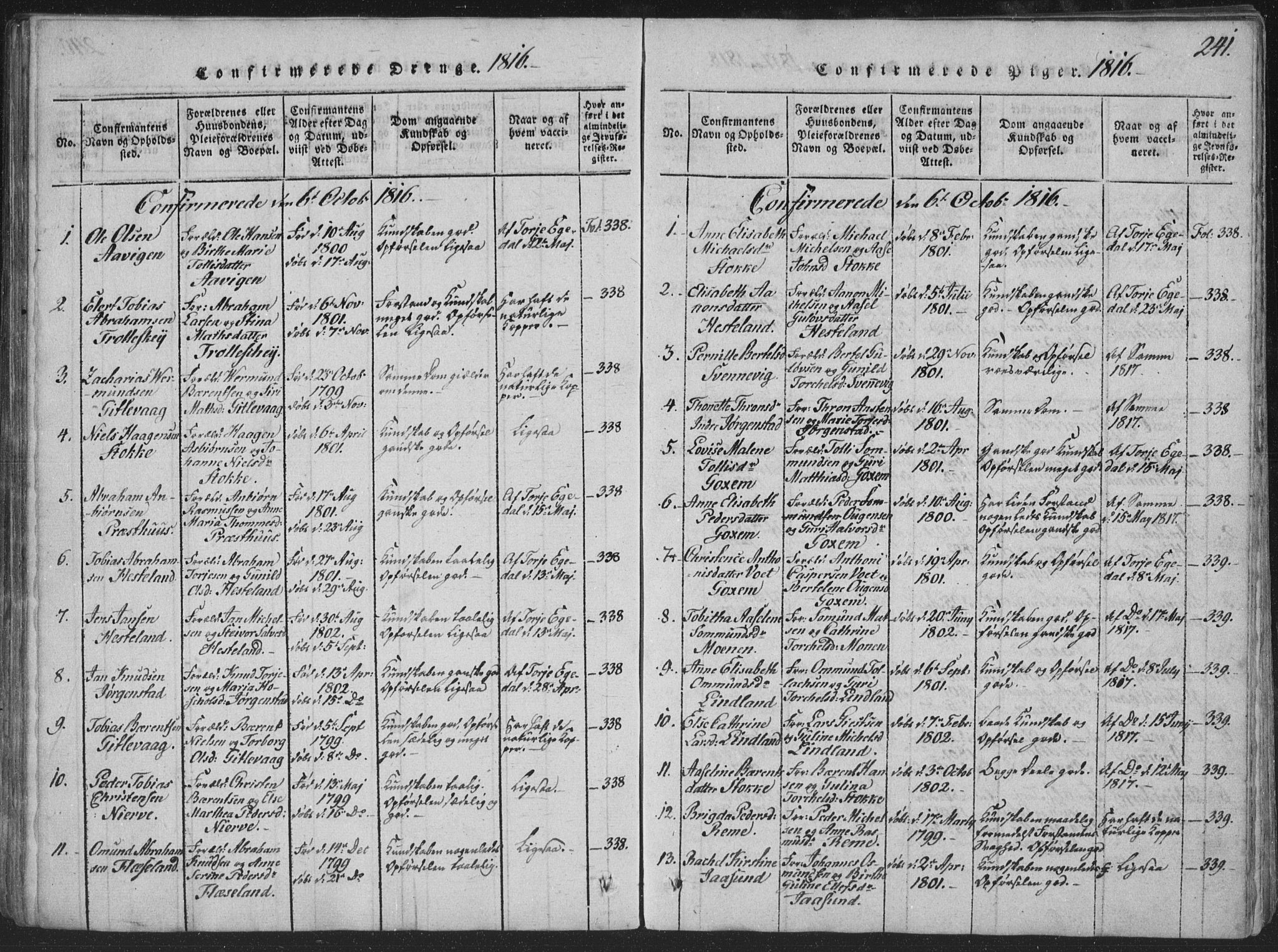 Sør-Audnedal sokneprestkontor, SAK/1111-0039/F/Fa/Faa/L0001: Parish register (official) no. A 1, 1816-1848, p. 241