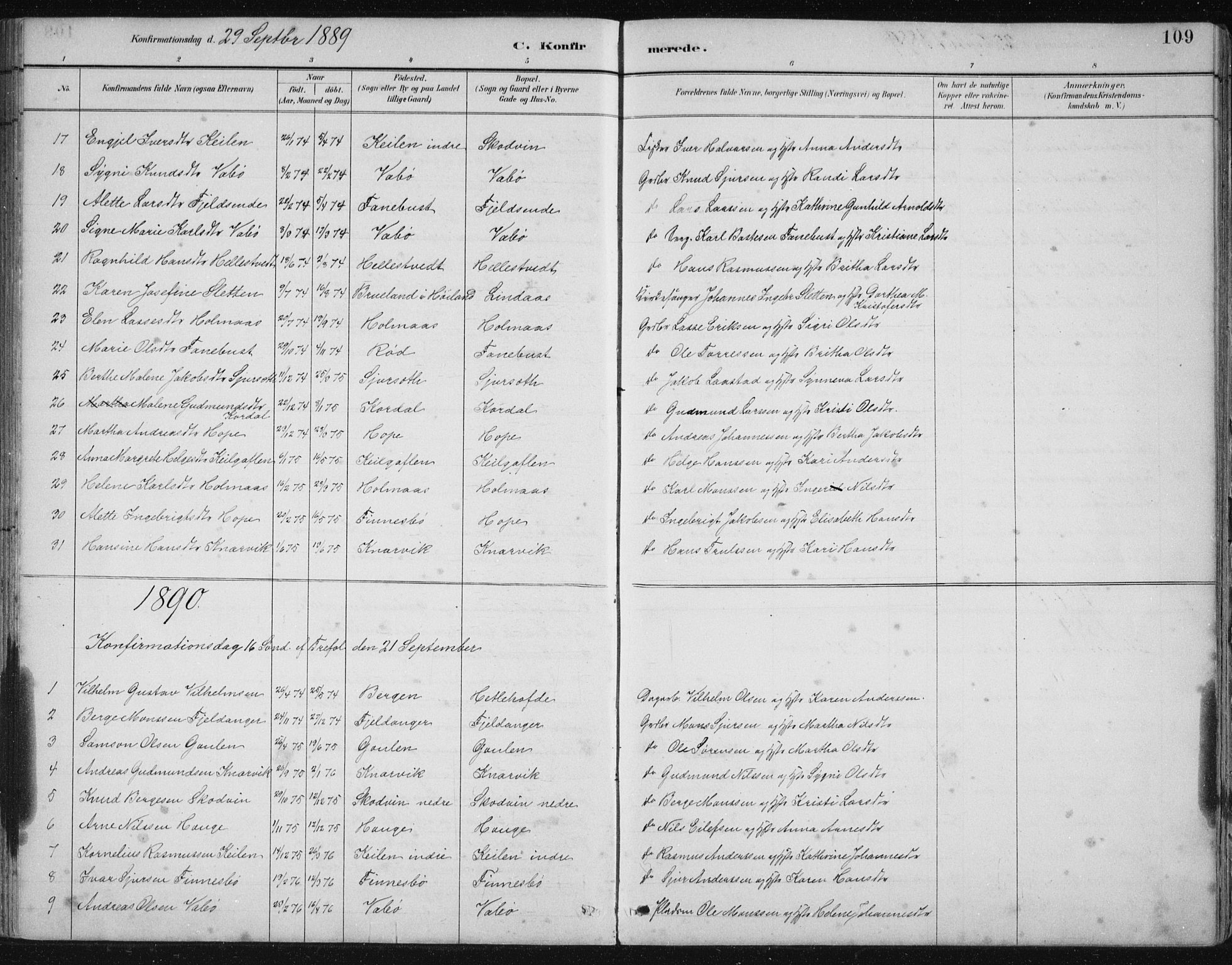 Lindås Sokneprestembete, SAB/A-76701/H/Hab: Parish register (copy) no. B 3, 1886-1914, p. 109