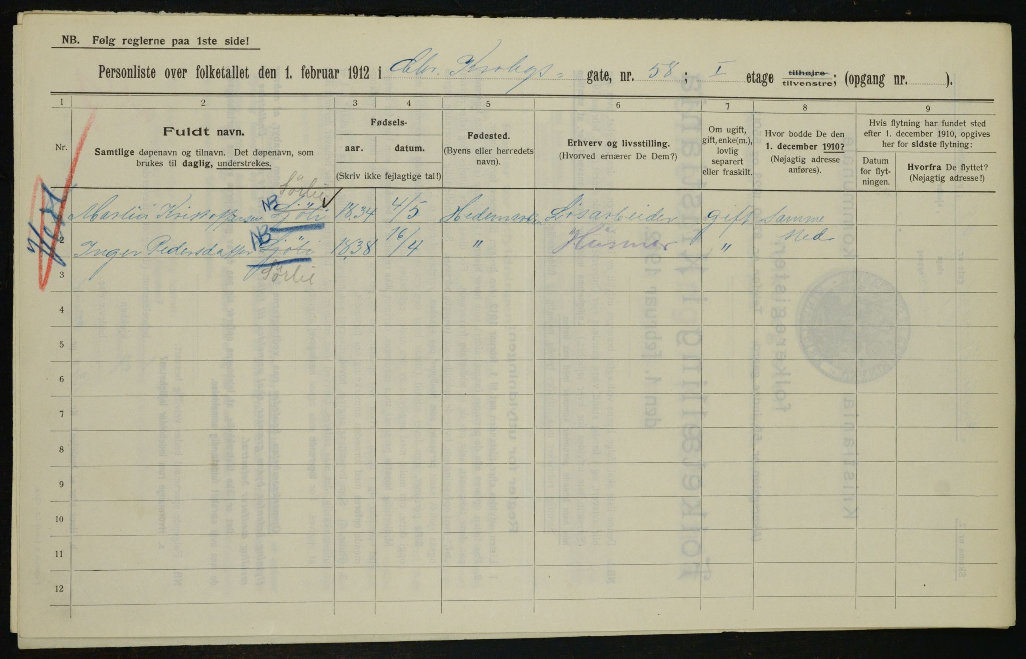 OBA, Municipal Census 1912 for Kristiania, 1912, p. 12220