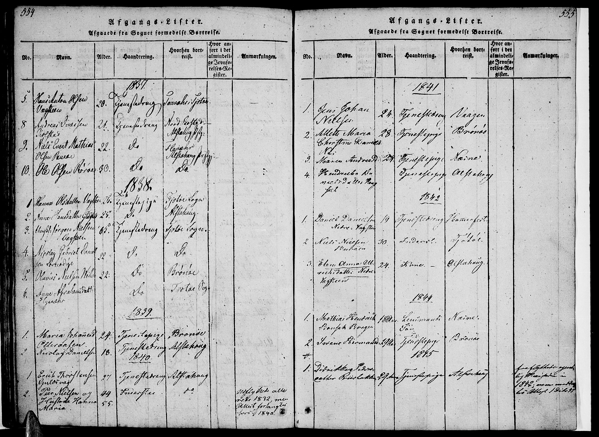 Ministerialprotokoller, klokkerbøker og fødselsregistre - Nordland, AV/SAT-A-1459/816/L0239: Parish register (official) no. 816A05, 1820-1845, p. 554-555