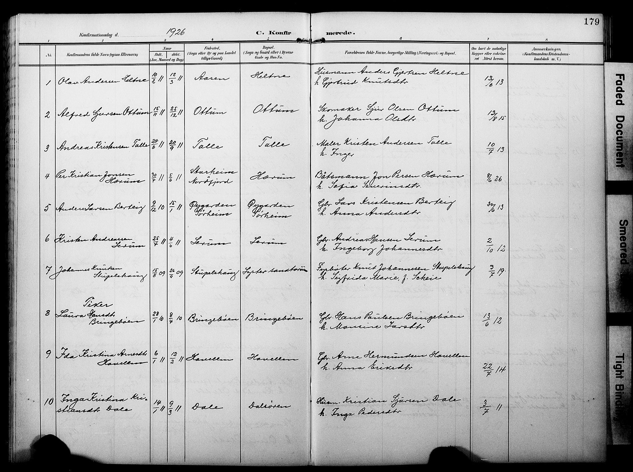 Luster sokneprestembete, AV/SAB-A-81101/H/Hab/Haba/L0001: Parish register (copy) no. A 1, 1903-1930, p. 179