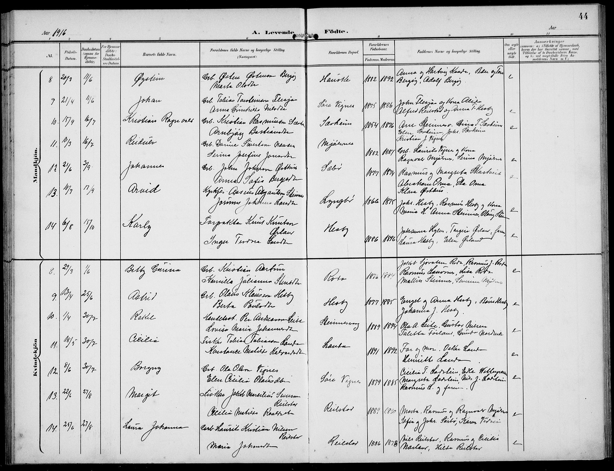 Finnøy sokneprestkontor, AV/SAST-A-101825/H/Ha/Hab/L0006: Parish register (copy) no. B 6, 1900-1934, p. 44