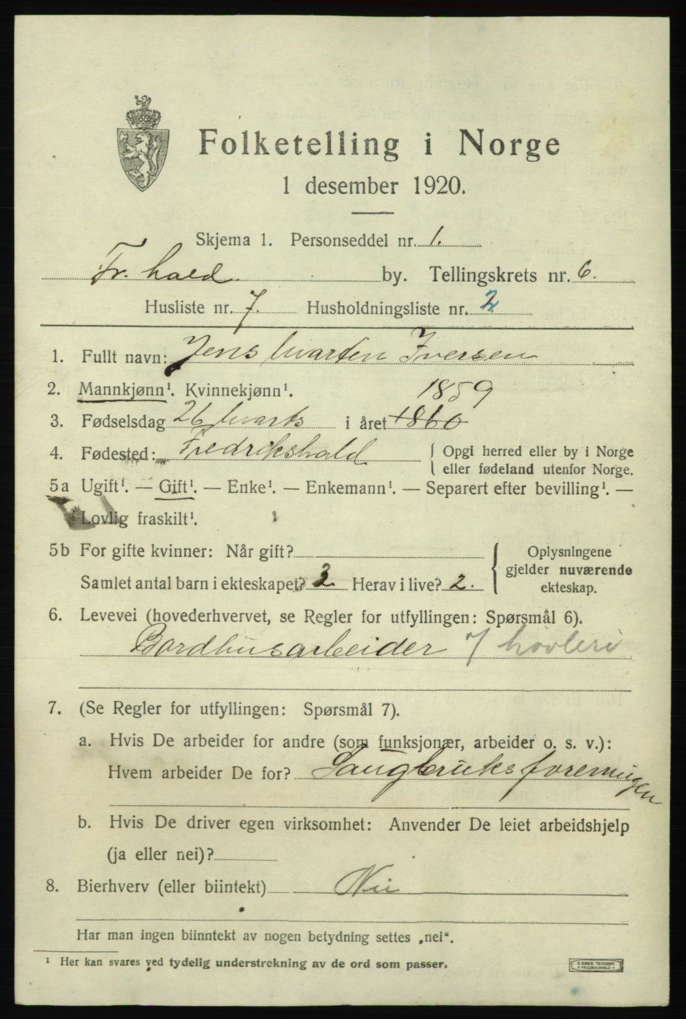 SAO, 1920 census for Fredrikshald, 1920, p. 12936
