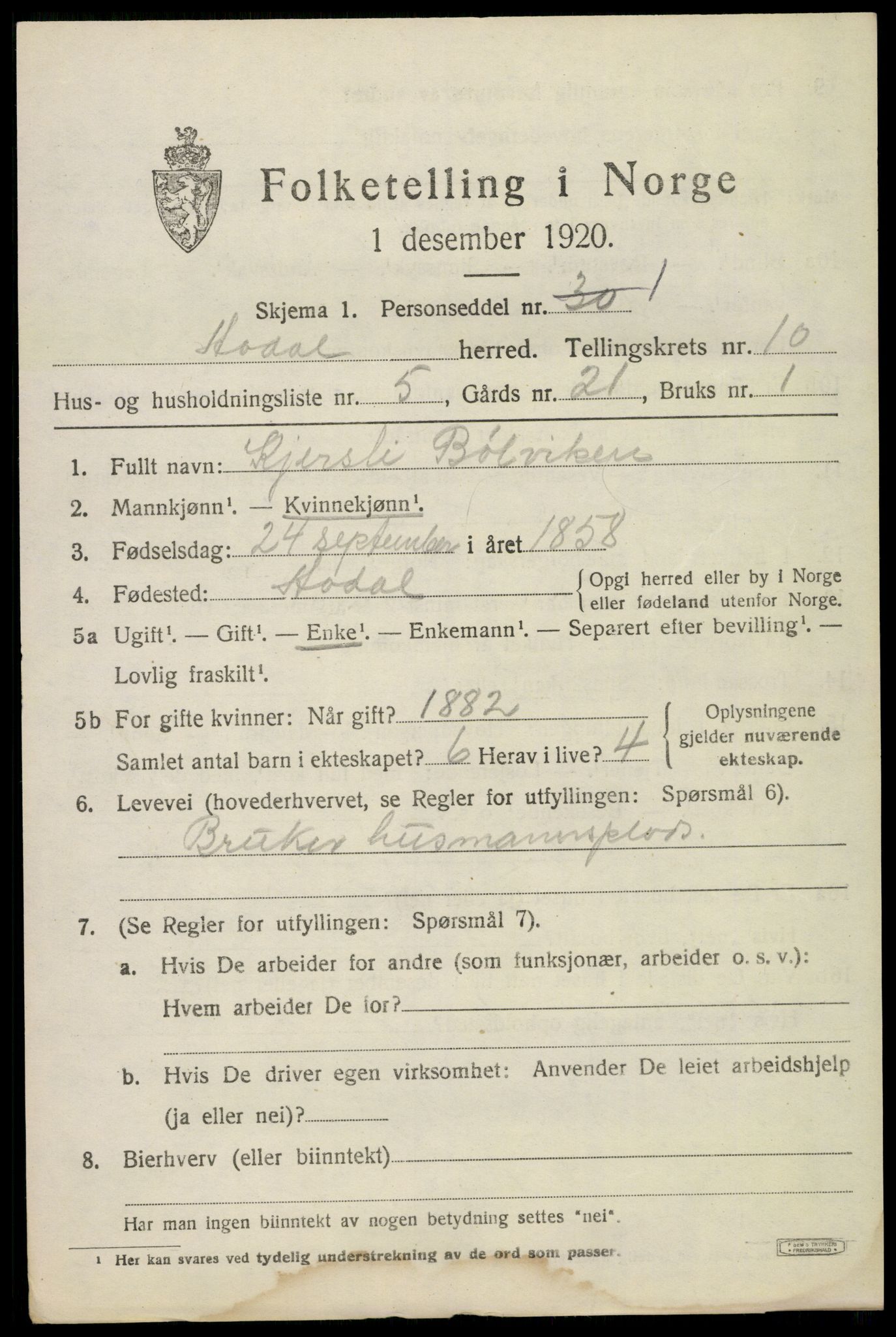 SAKO, 1920 census for Ådal, 1920, p. 6586