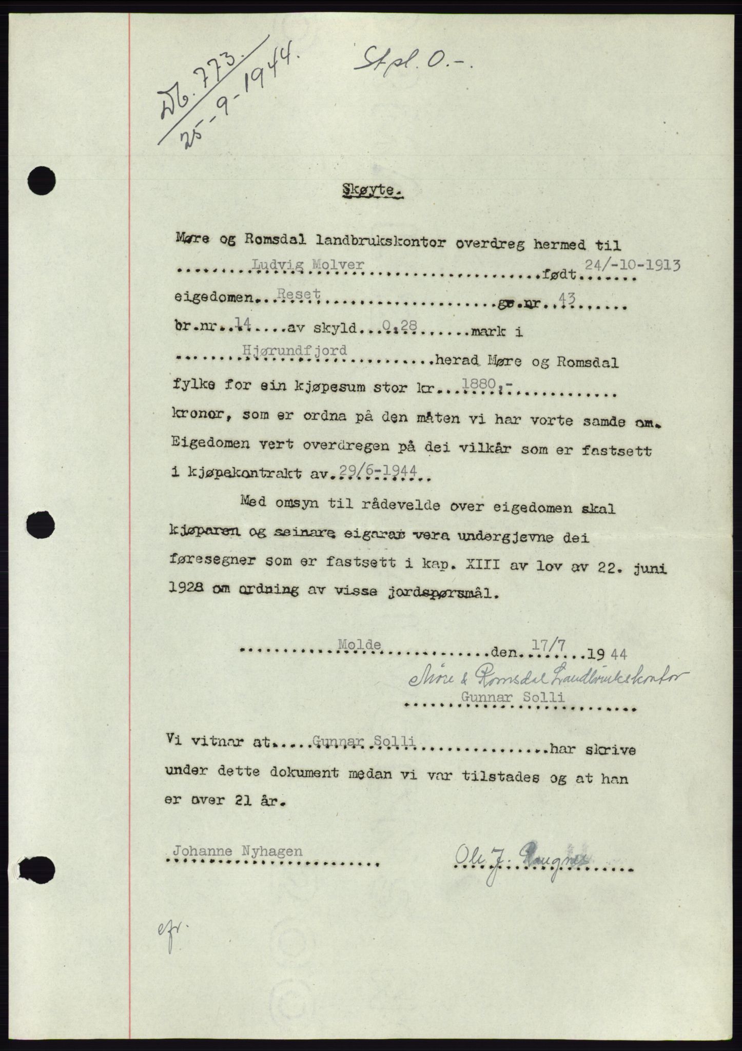 Søre Sunnmøre sorenskriveri, SAT/A-4122/1/2/2C/L0076: Mortgage book no. 2A, 1943-1944, Diary no: : 773/1944