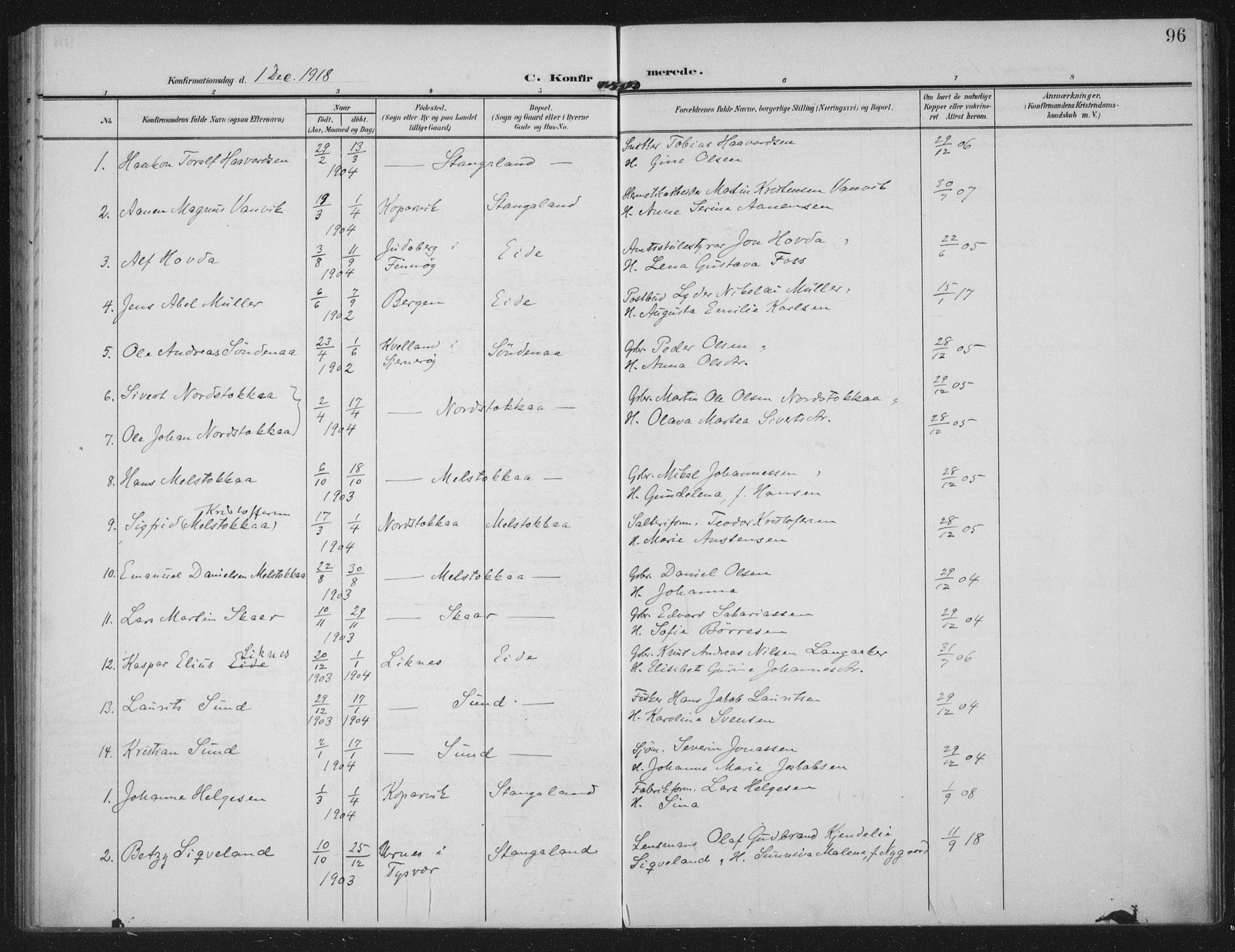 Kopervik sokneprestkontor, AV/SAST-A-101850/H/Ha/Haa/L0003: Parish register (official) no. A 3, 1906-1924, p. 96