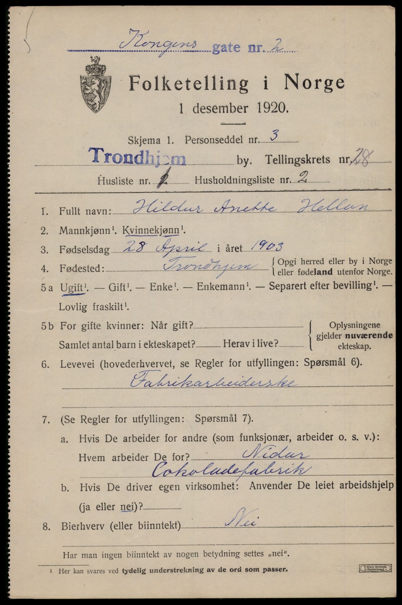 SAT, 1920 census for Trondheim, 1920, p. 70982