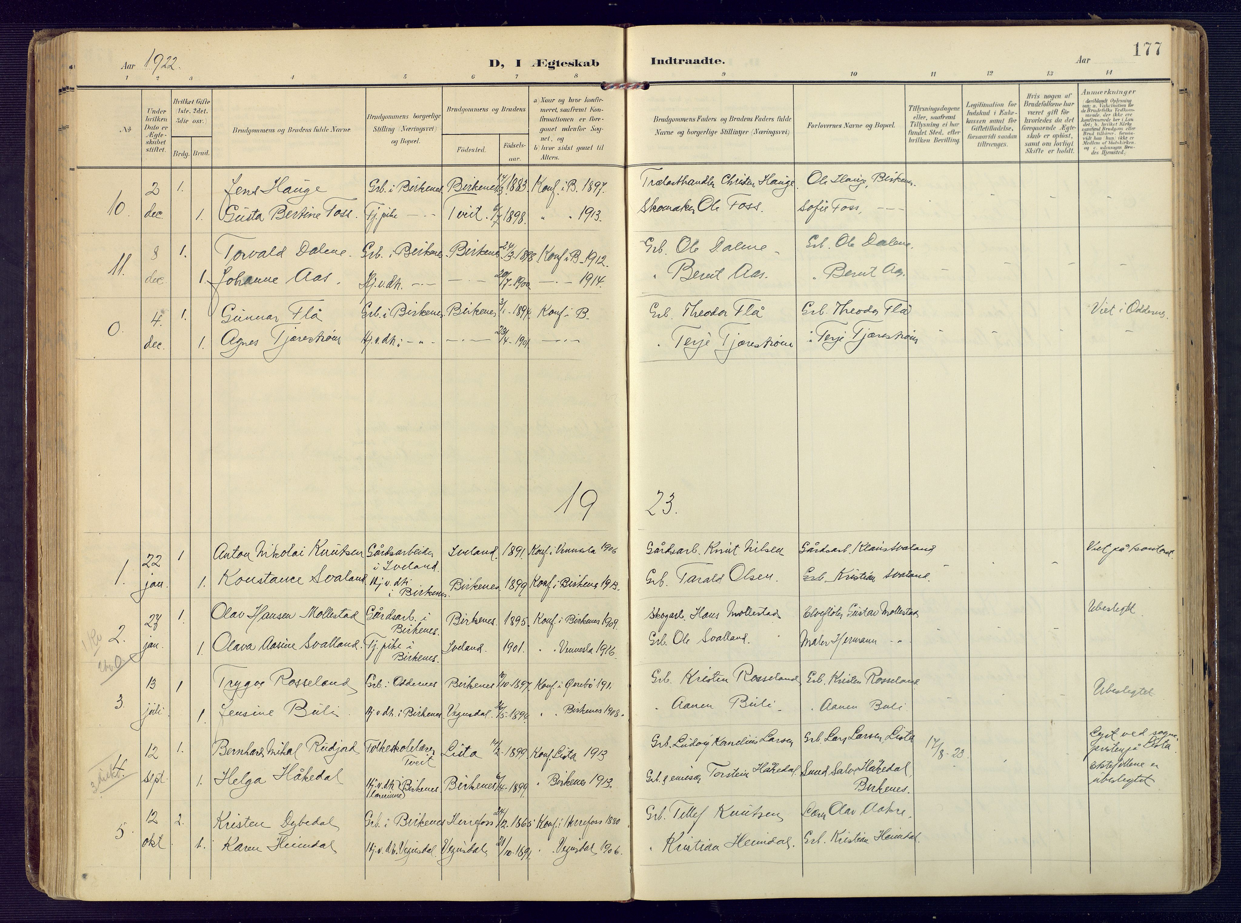 Birkenes sokneprestkontor, SAK/1111-0004/F/Fa/L0006: Parish register (official) no. A 6, 1908-1932, p. 177