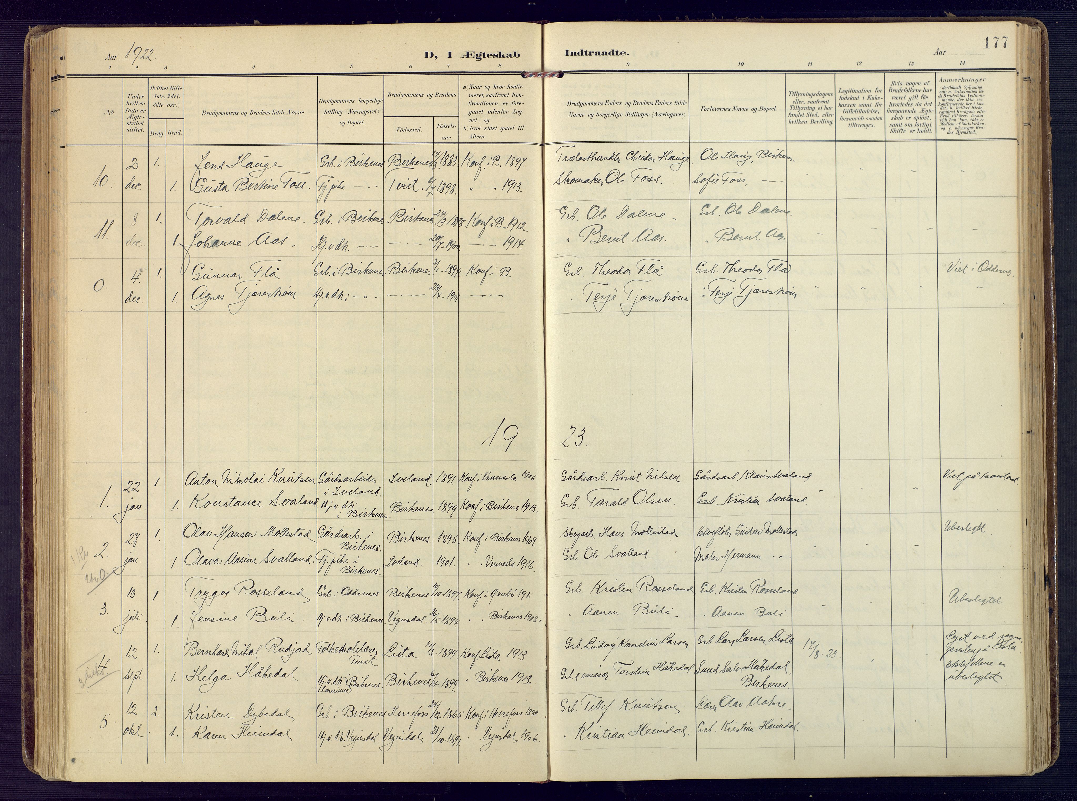 Birkenes sokneprestkontor, AV/SAK-1111-0004/F/Fa/L0006: Parish register (official) no. A 6, 1908-1932, p. 177