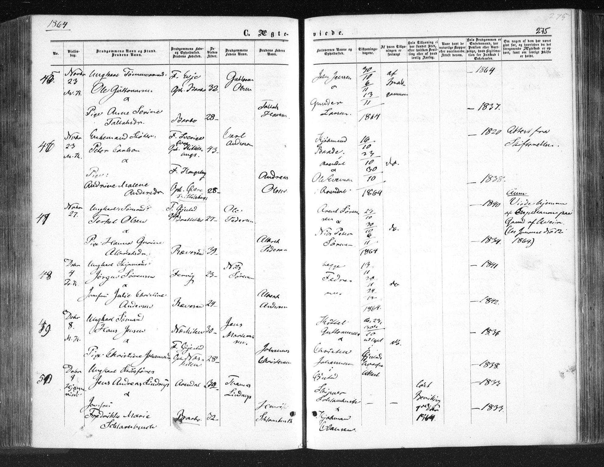 Tromøy sokneprestkontor, AV/SAK-1111-0041/F/Fa/L0007: Parish register (official) no. A 7, 1864-1869, p. 275