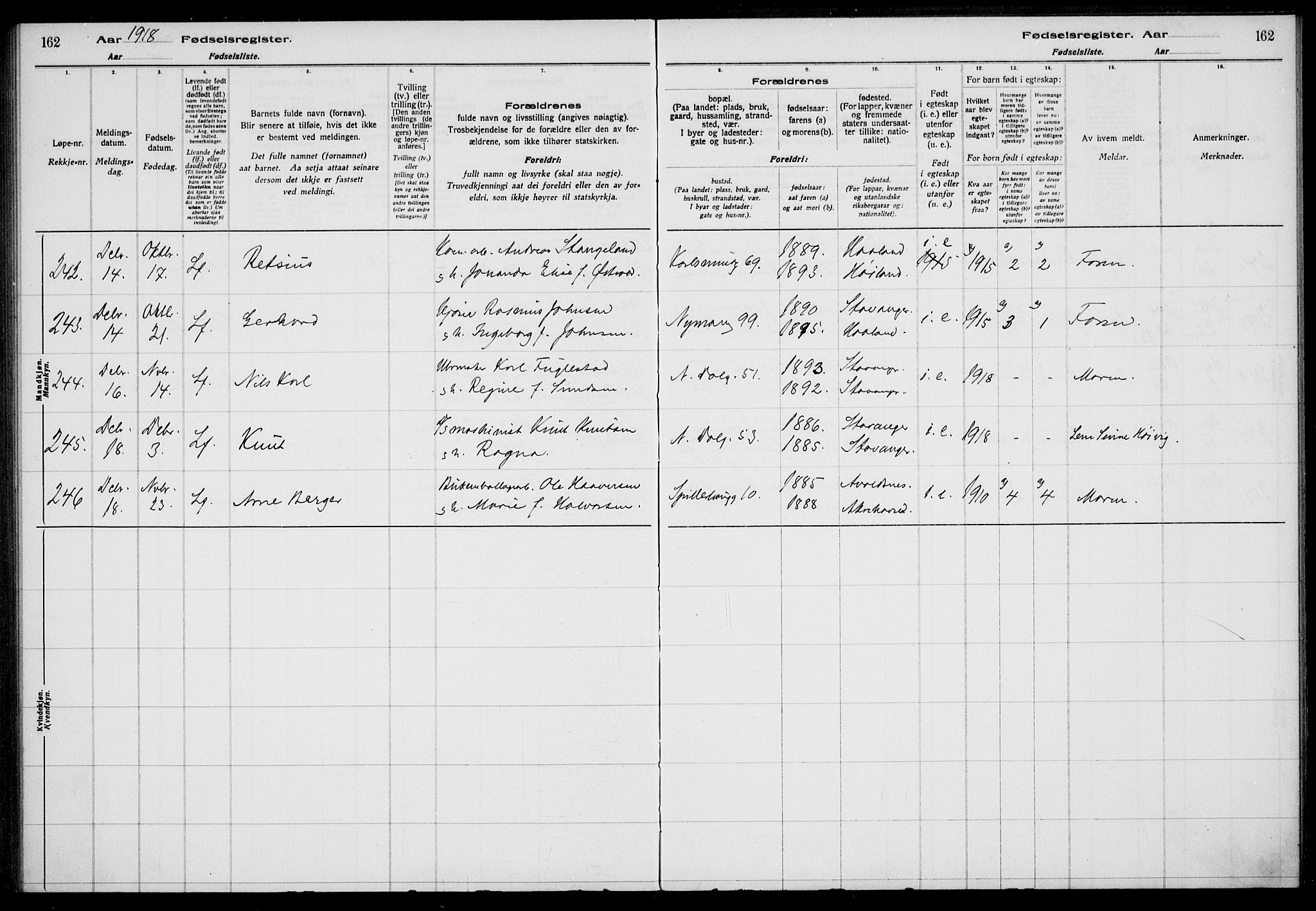 St. Johannes sokneprestkontor, AV/SAST-A-101814/002/A/L0001: Birth register no. 1, 1916-1919, p. 162