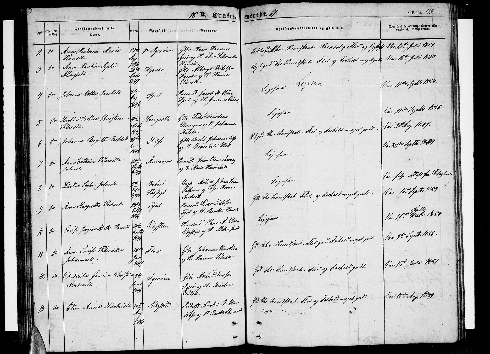 Ministerialprotokoller, klokkerbøker og fødselsregistre - Nordland, AV/SAT-A-1459/816/L0251: Parish register (copy) no. 816C01, 1852-1870, p. 113