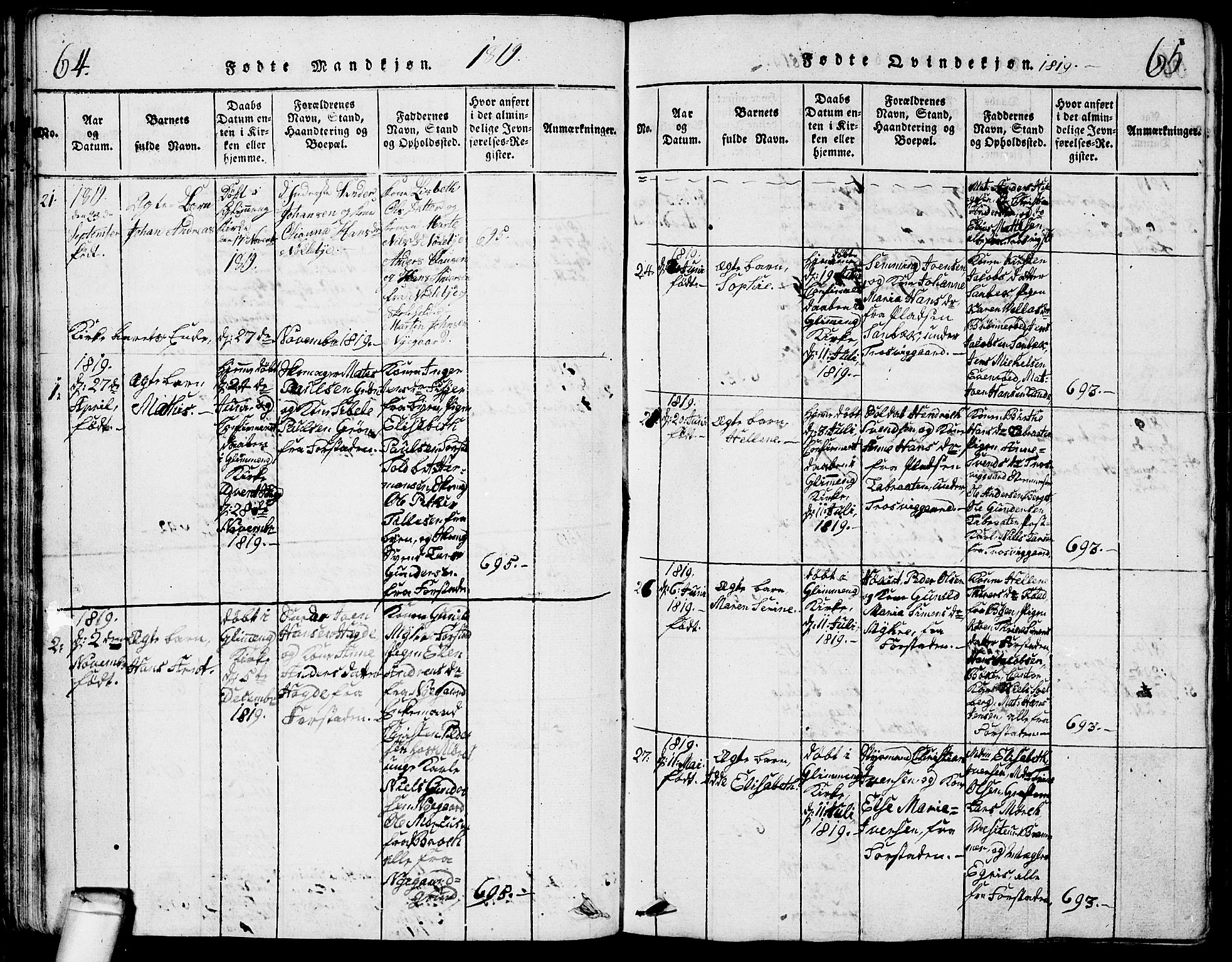 Glemmen prestekontor Kirkebøker, AV/SAO-A-10908/G/Ga/L0001: Parish register (copy) no. 1, 1816-1838, p. 64-65