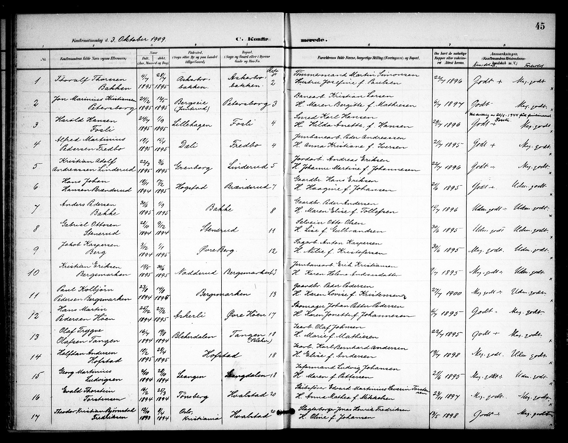 Asker prestekontor Kirkebøker, SAO/A-10256a/F/Fa/L0016: Parish register (official) no. I 16, 1900-1917, p. 45