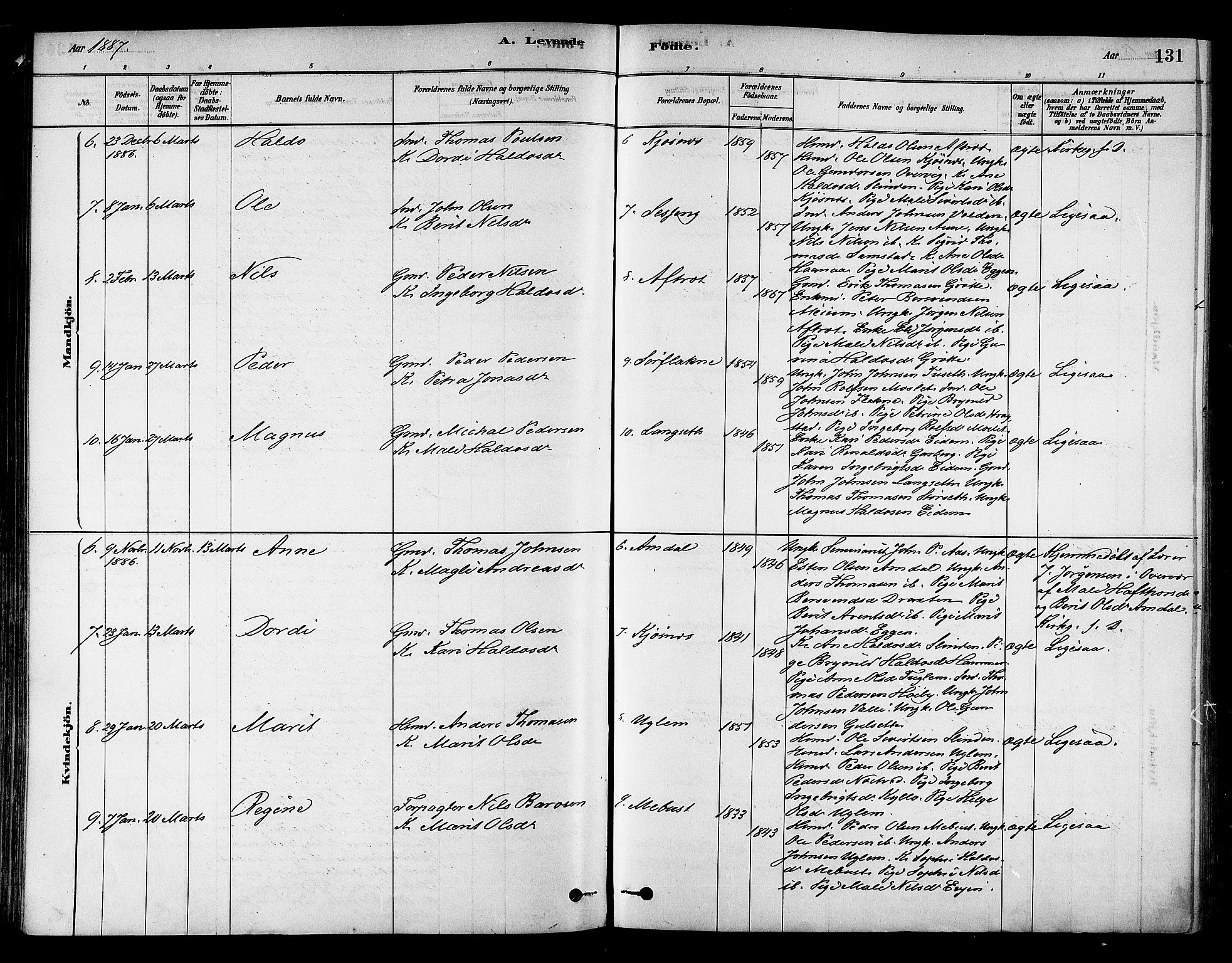 Ministerialprotokoller, klokkerbøker og fødselsregistre - Sør-Trøndelag, SAT/A-1456/695/L1148: Parish register (official) no. 695A08, 1878-1891, p. 131